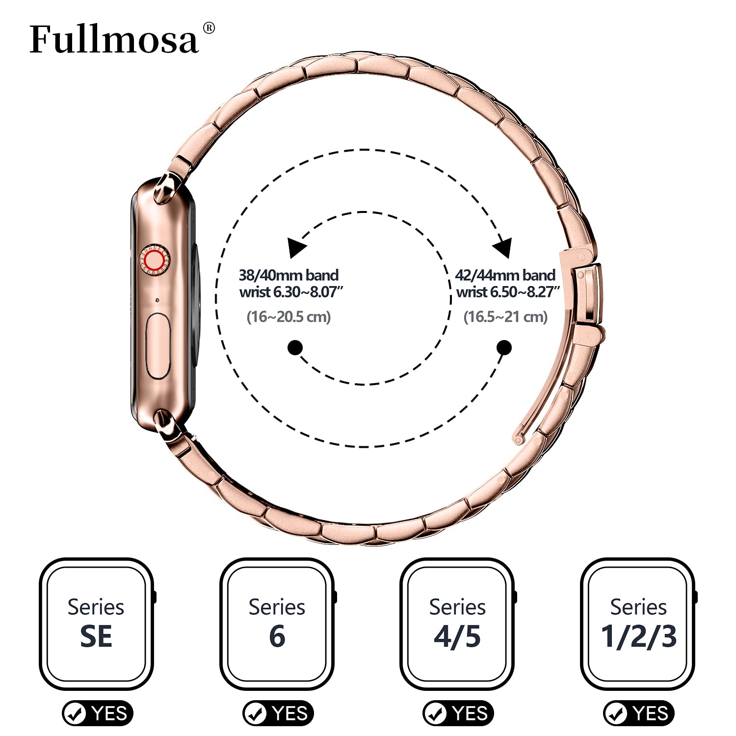 Fullmosa Cinturino per Apple Watch 40mm 41mm 38mm, Cinturino in Acciaio Inossidabile Compatibile con Apple Watch SE SE2 Serie 9 8 7 6 5 4 3 2 1, Cinturini di Ricambio per Donna e Uomo, Rosa Oro