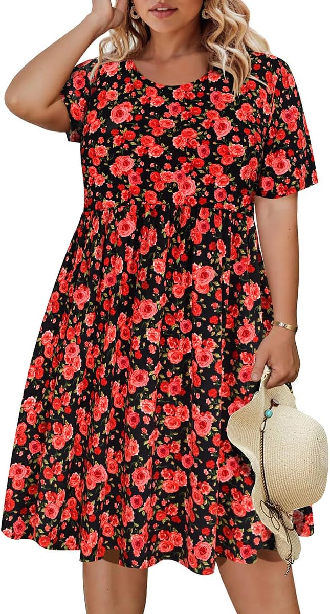 CARCOS Womens Plus Size Dresses Summer Short Sleeve Babydoll Dress Beach Casual Loose Mini Sundresses with Pocket XL-5XL