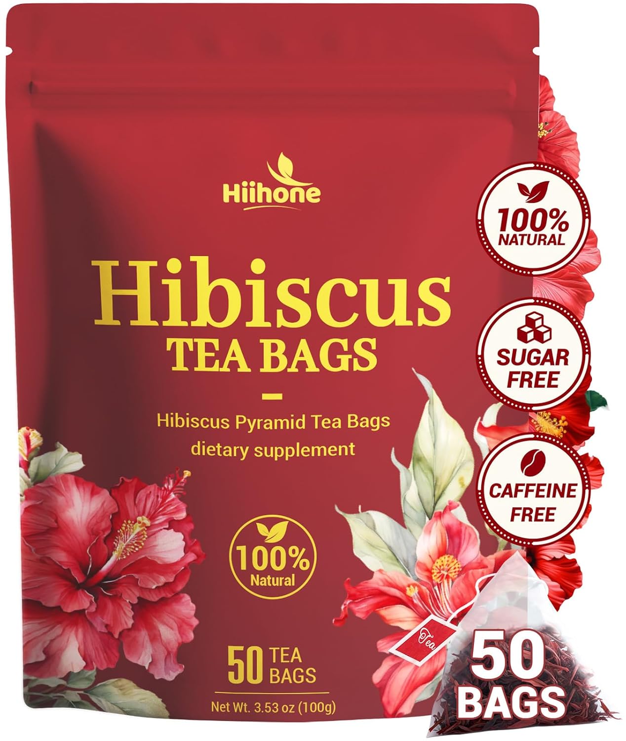 Hibiscus Tea Bags, Hibiscus Flower Herbal Tea - Caffeine & Sugar Free, 50 Teabags