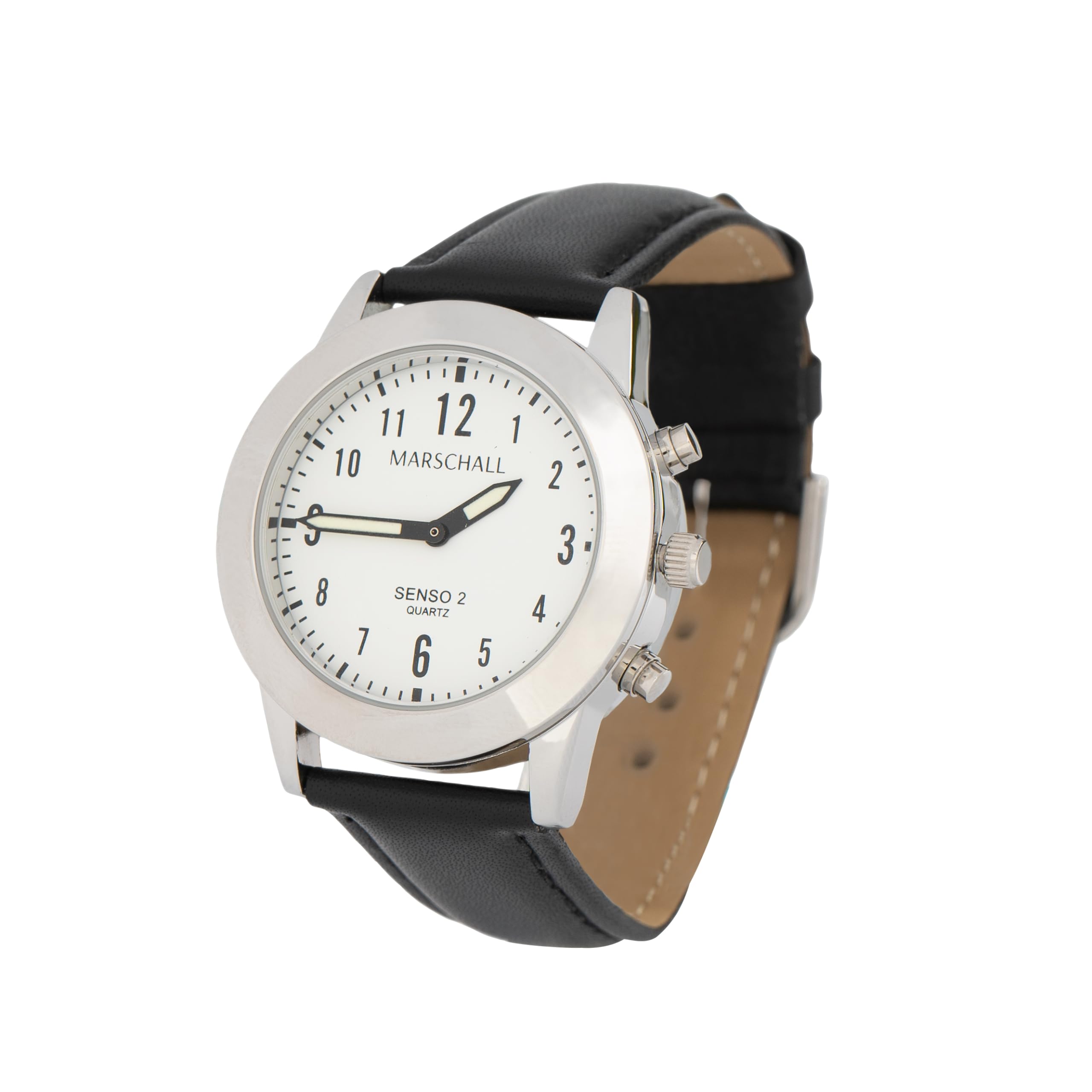 Marschall Senso Deutsch sprechende Damen Armbanduhr I S-DL 2 I Mit Touch Funktion I Für Blinde, Senioren und Demenzkranke I Datum- und Zeitansage I Schwarzes Lederarmband