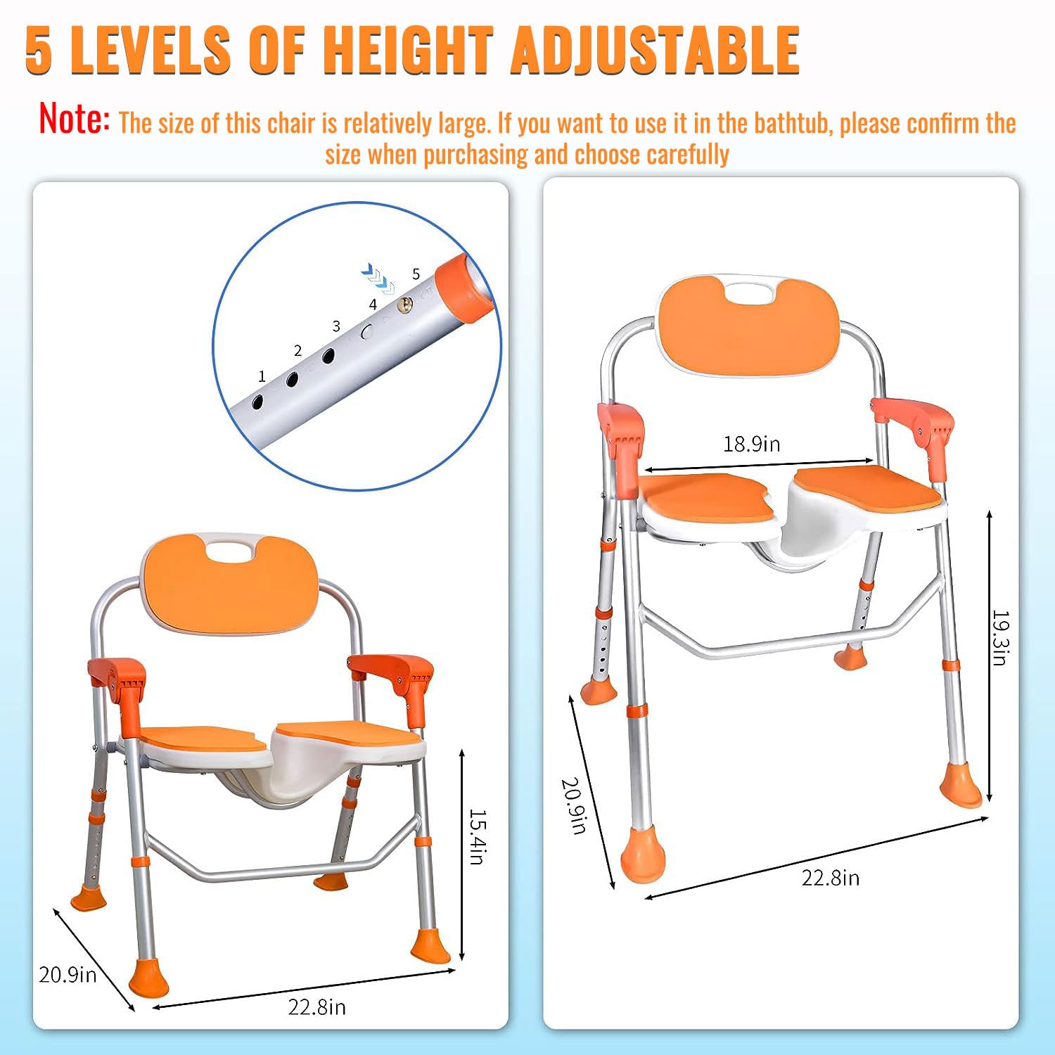 Duschstuhl für Senioren, Duschstuhl mit Lehne und Armlehnen, Duschstuhl Klappbar, Belastbar bis 180kg, Badestuhl mit Rutschfesten Fußpolstern (Orange Farbe, Duschstuhl für Senioren)