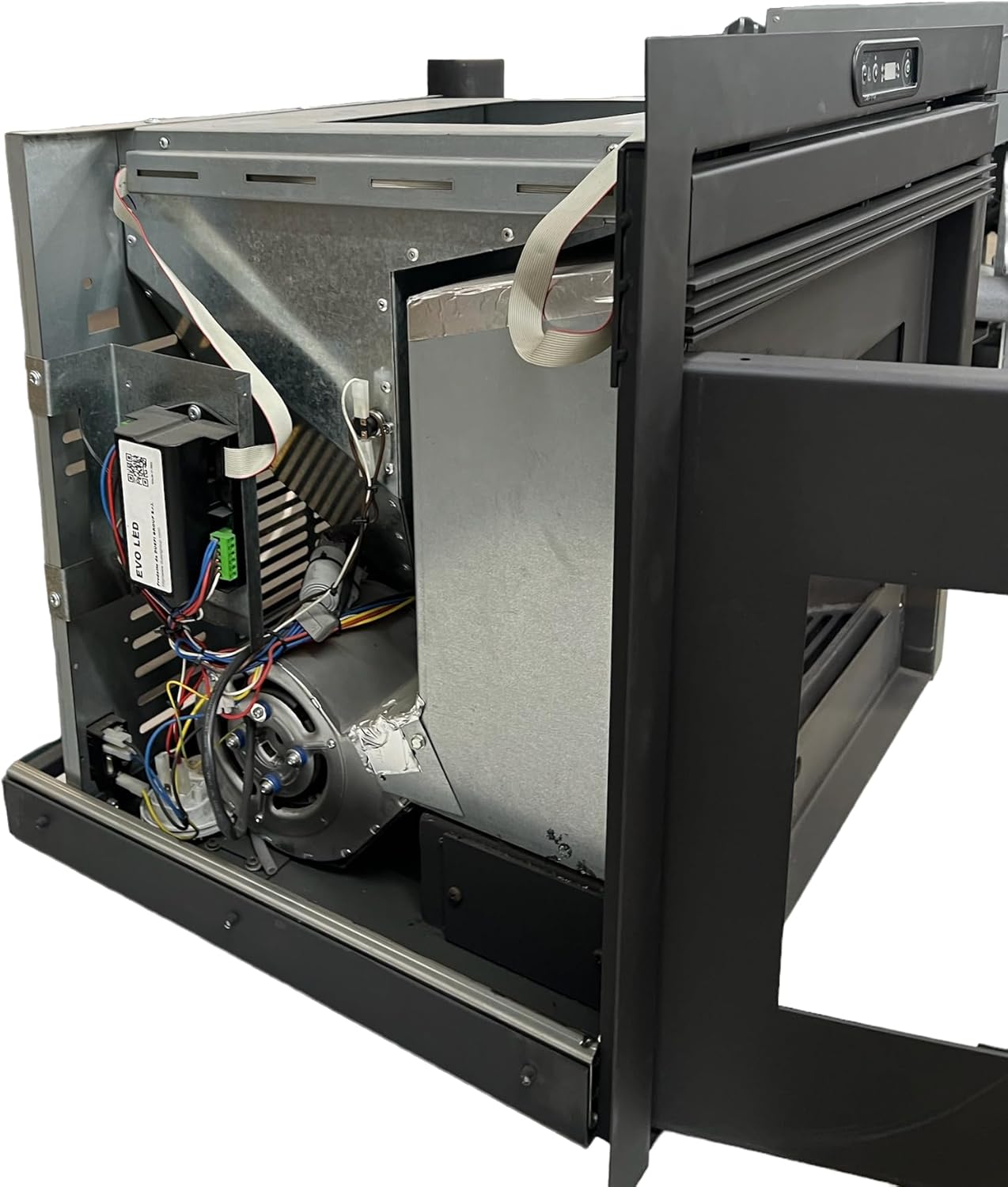 Rear view of the pellet stove showing the exhaust pipe connection