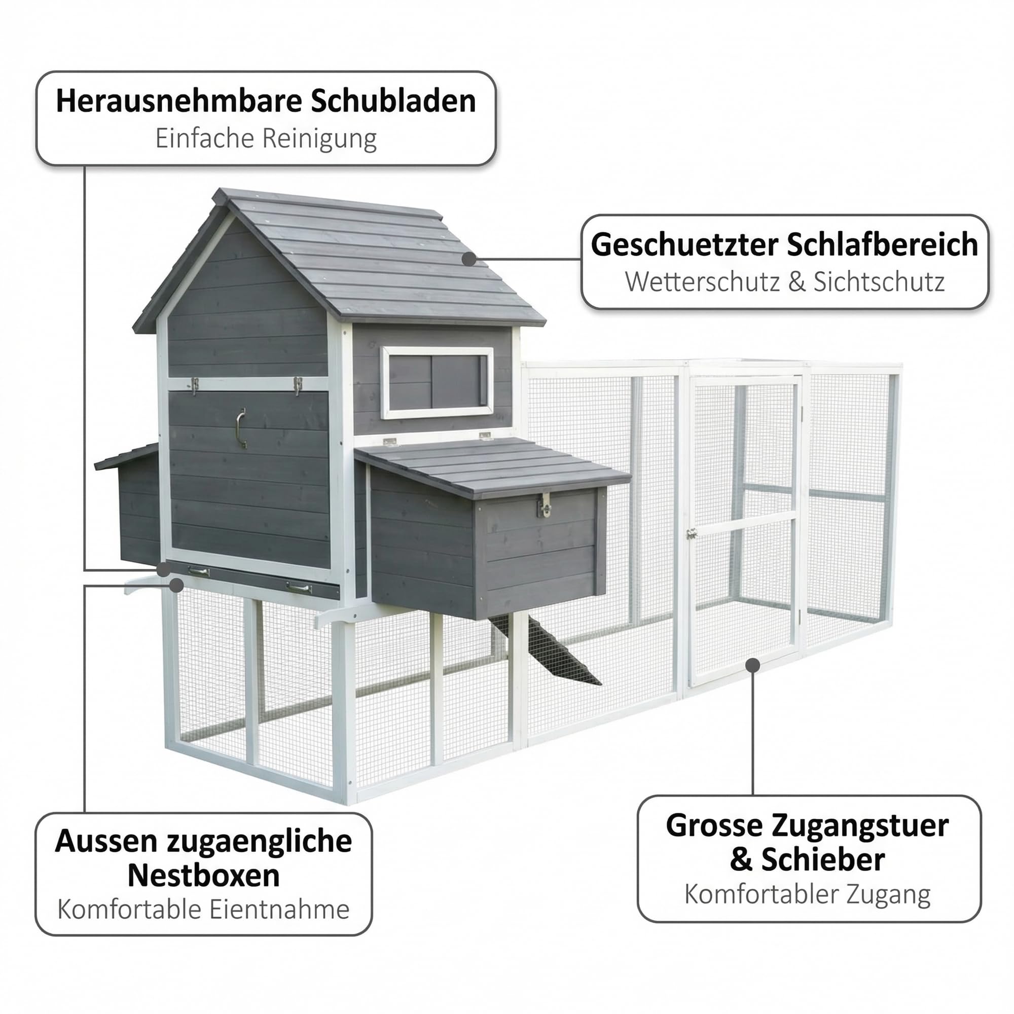 Mucola Hühnerstall mit Freilaufgehege 4 Legenester 310x150x150 cm Holz Grau