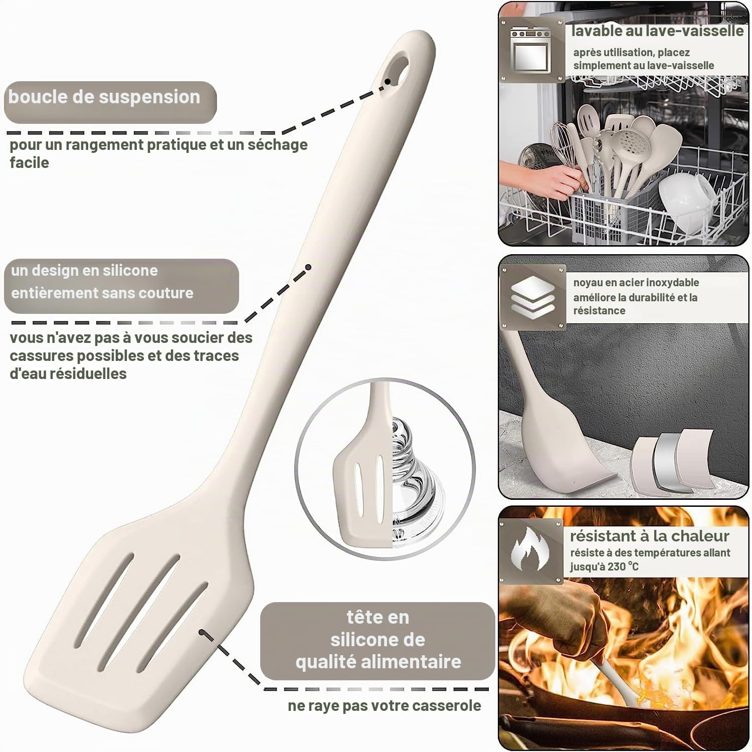 Lot de 43 ustensiles de cuisine en silicone résistants à la chaleur avec porte-ustensiles, antiadhésifs, passent au lave-vaisselle, kaki