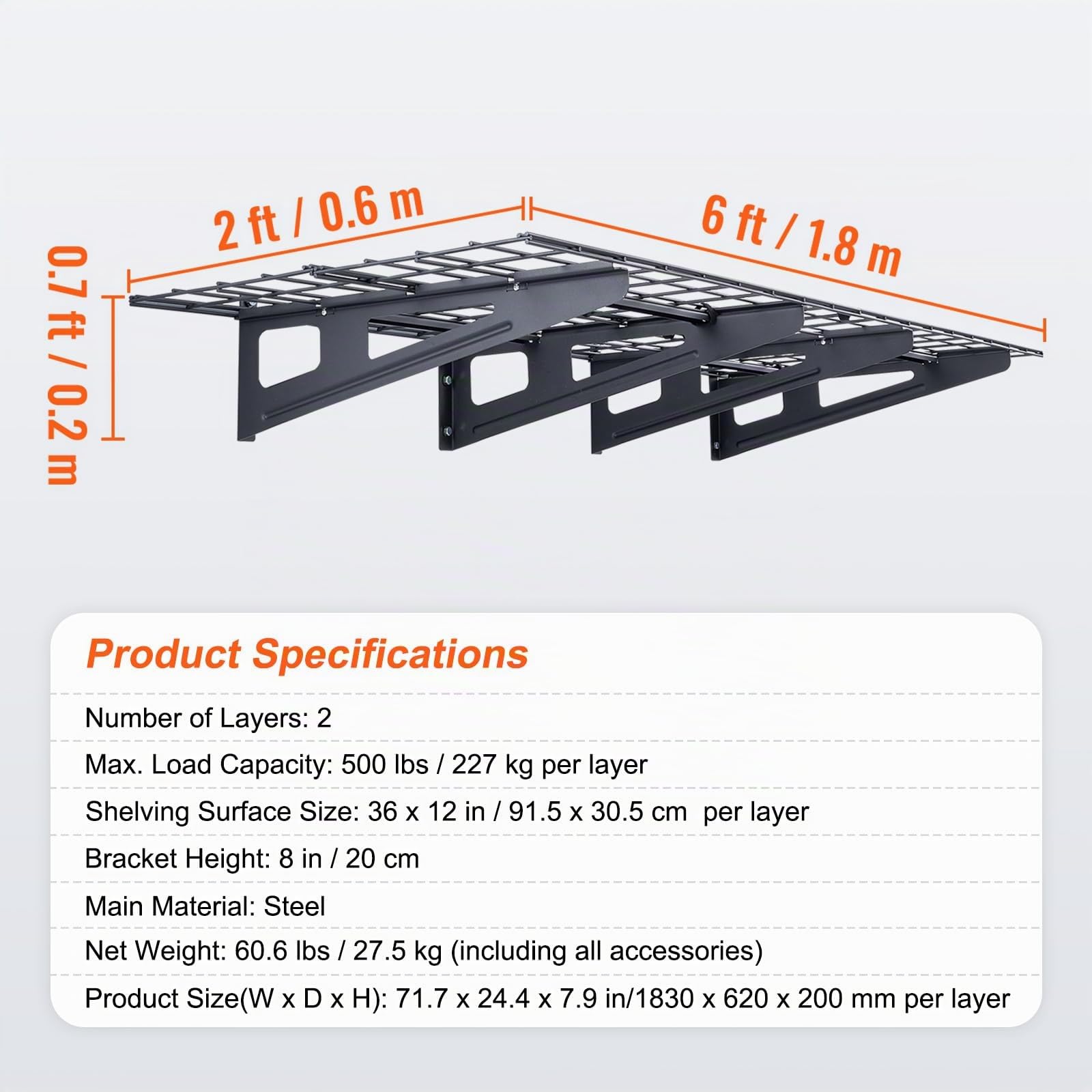 VEVOR Étagère Murale Flottante de Rangement Garage 122x61 cm Lot de 2 Grande Surface Utilisable Capacité de Charge 113,4 kg par Étagère Suspendue d'Outils Métallique pour Magasins, Garages, Entrepôts