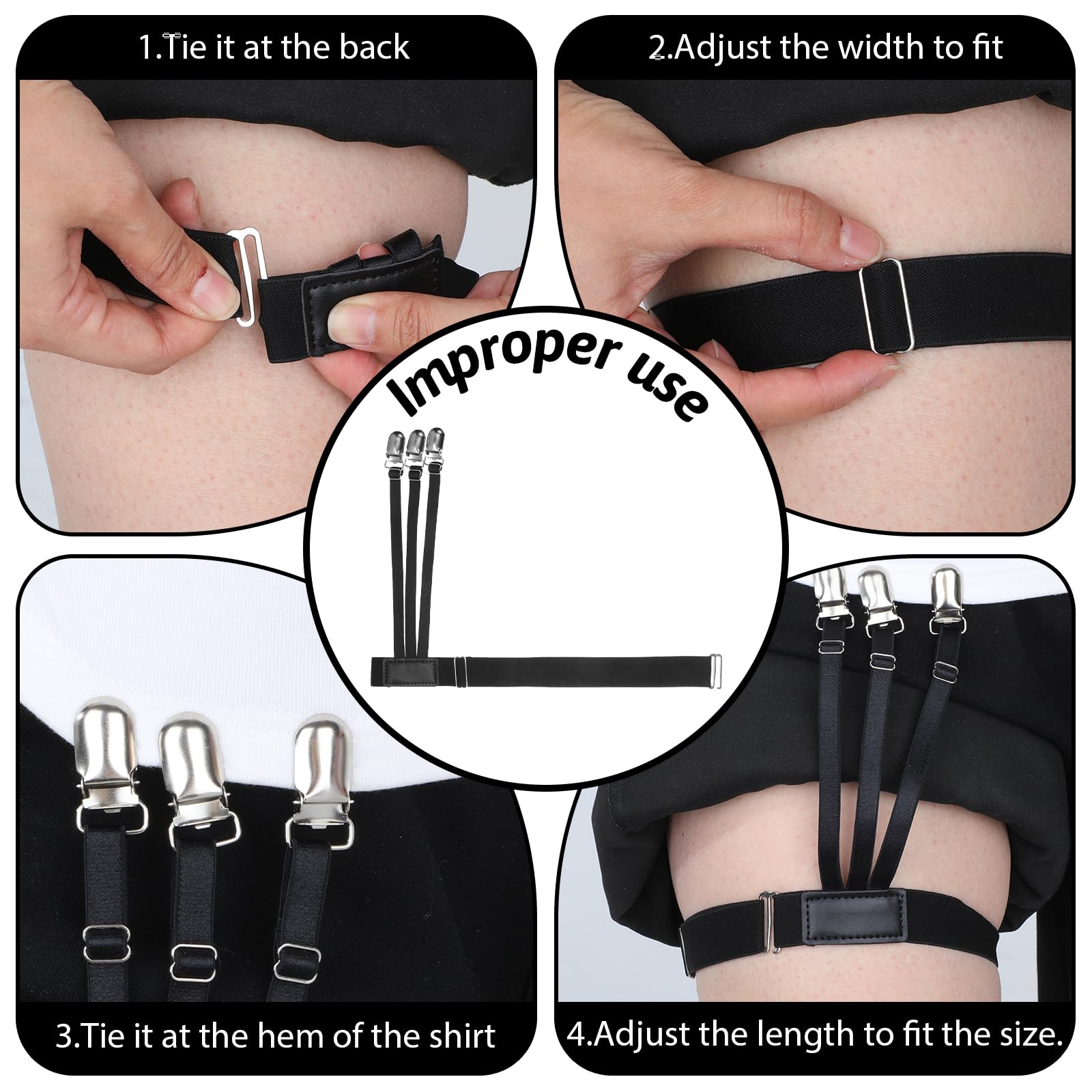 Xyembu 2 Pcs Mens Shirt Stays, Shirts Holders Belt, Adjustable Elastic Shirt Holders with Non-slip Clamps, Keep Shirts tucked in for Men and Women Dress (Black) 4