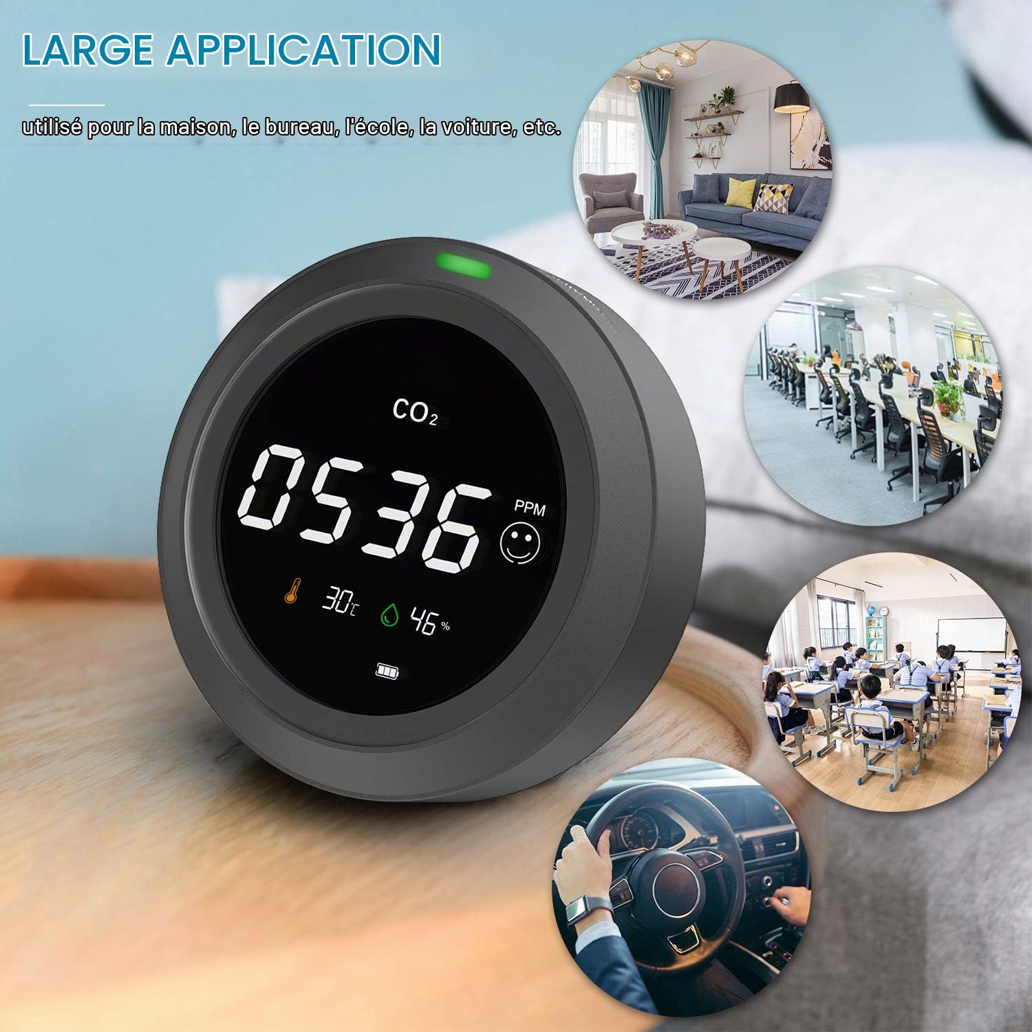 Détecteur CO2, LifeBasis Moniteur de Qualité de l'Air avec Écran LCD, Capteur NDIR, Détecteurs de CO2, Température et Humidité,0-5000 PPM, pour Maison/Bureau/Salle de Sport/Voiture
