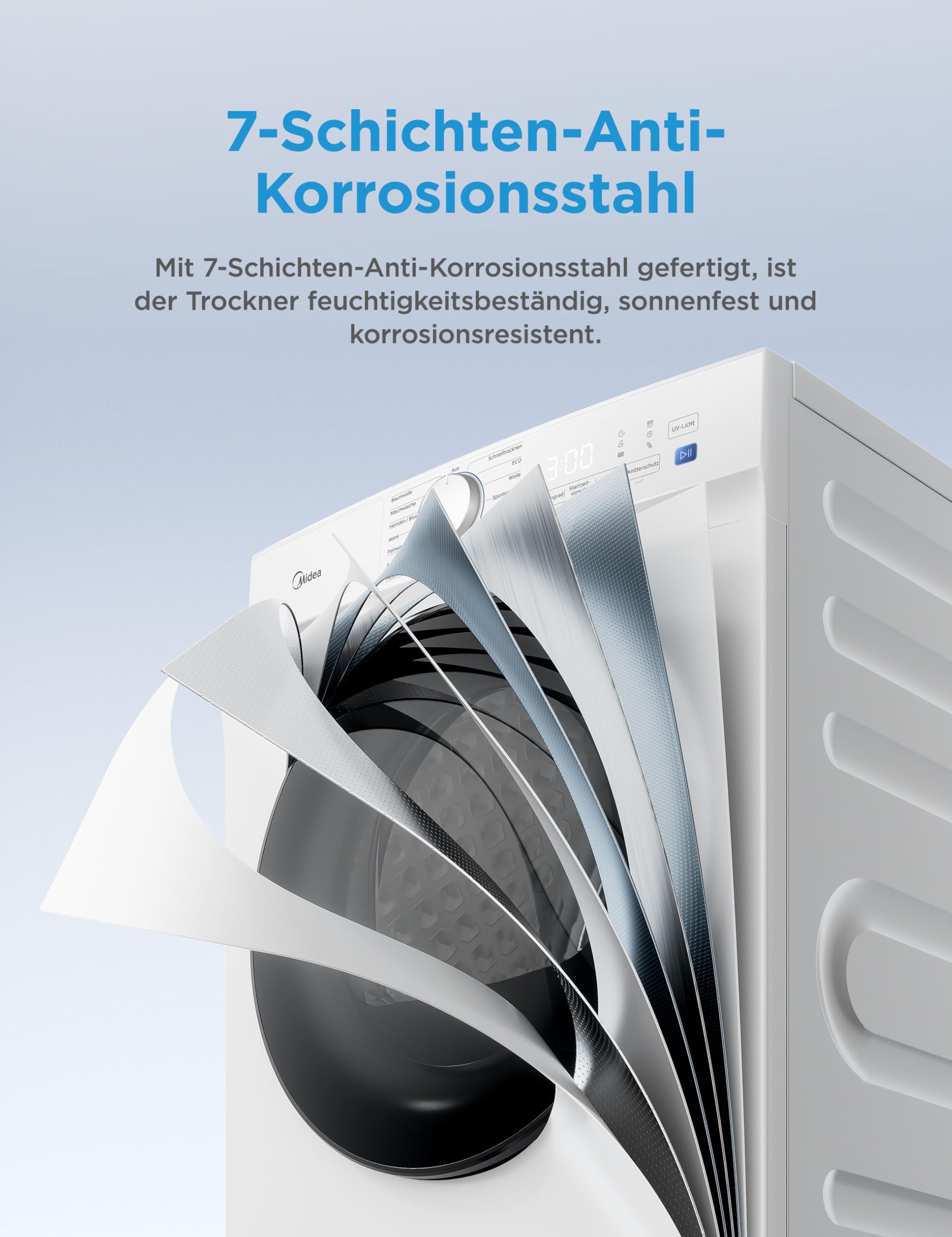 Midea Wärmepumpentrockner V3 series 10 kg Energieklasse D UV-Licht hygienische Reinheit Knitterschutz LED-Display Startzeitvorwahl Schnelltrocknen Weiß