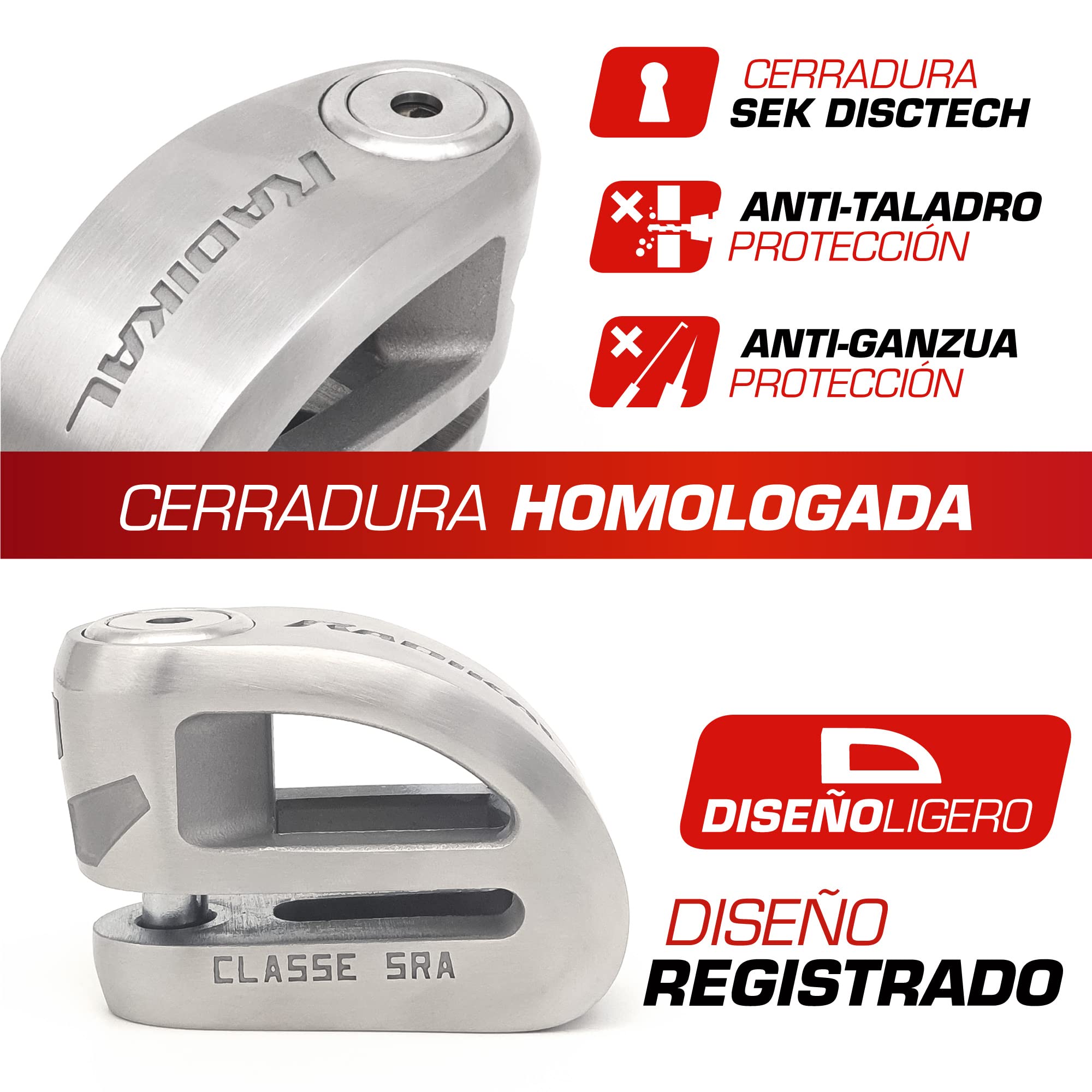 RADIKAL RK310S Candado Moto Premium, Antirrobo Disco Homologado SRA, Testado Doble Bloqueo ø10mm, Exclusivo Diseño Doble Puente, Cerradura Alta Seguridad, Acero Inoxidable, Cepo Pinza Motos y Scooter