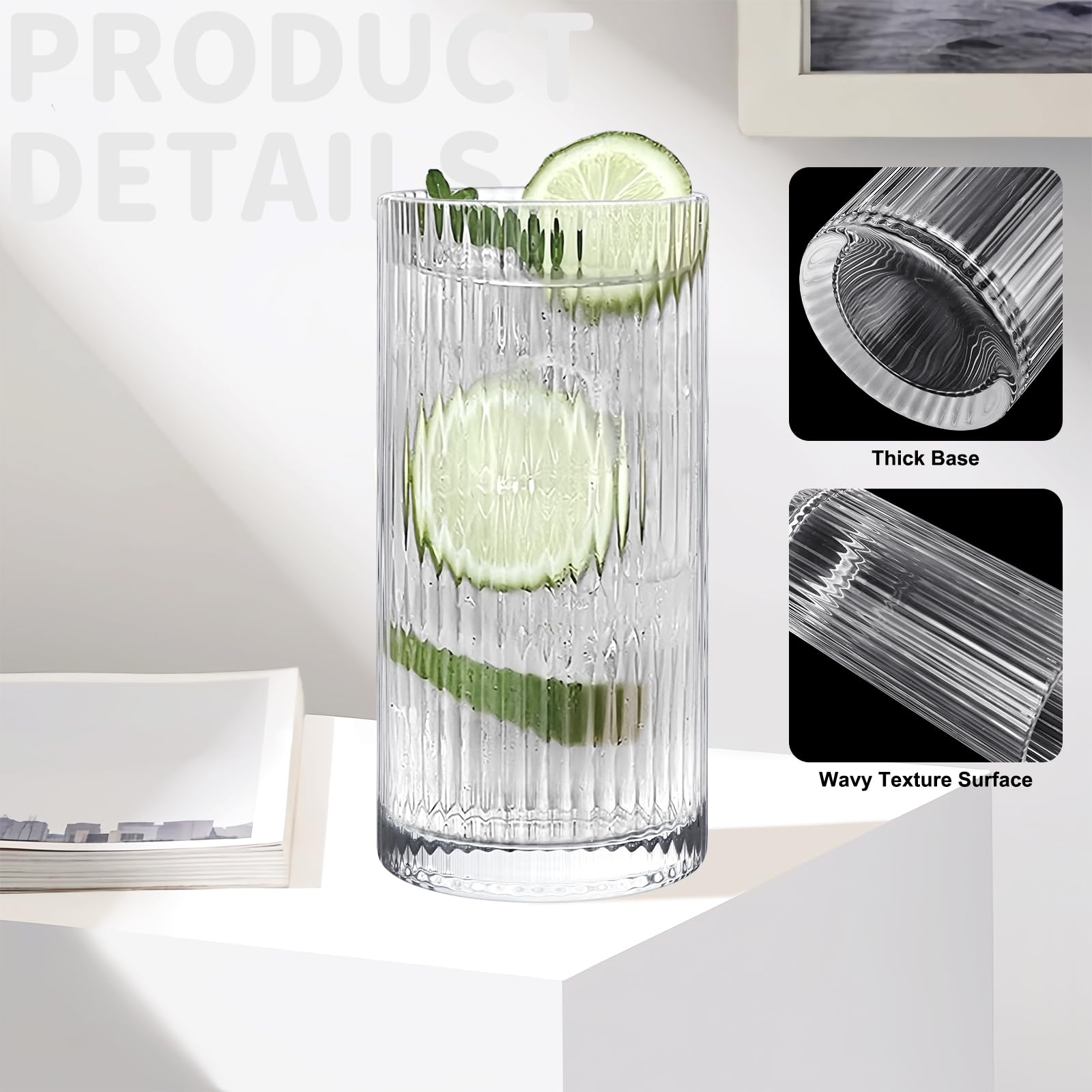 Vasos para beber, vasos Highball, cristalería acanalada, taza de café, tazas para agua, café, cóctel, cerveza, jugo (12 onzas), juego de 4