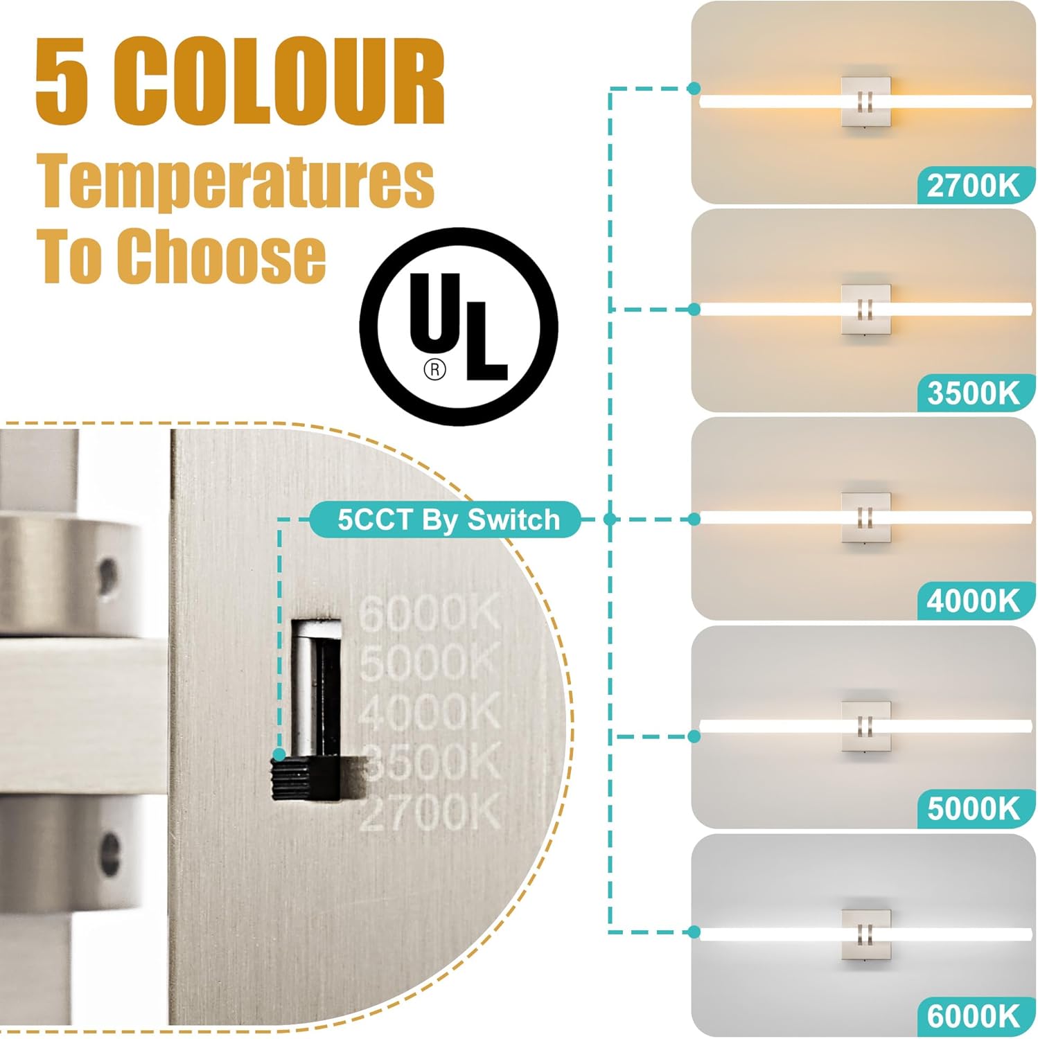 Bathroom Light Fixtures, Brushed Nickel 28W LED 360° Full Lighting Modern Wall Sconce Vanity Light with 5-Color Dimmable 3000K-6000K, 29.92inch Vanity Lighting for Bath, Bedroom, Hallway