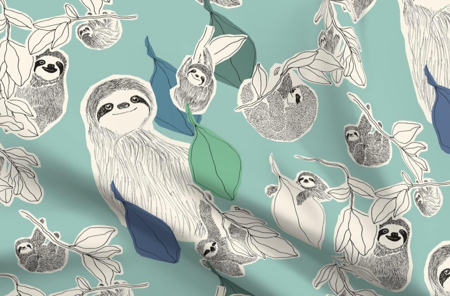 Spoonflower Fabric - Sloths Turquoise Leaves Jungle Ivory Nursery Sloth Blue Kids Home Printed on Upholstery Velvet Fabric Fat Quarter - Upholstery Home Decor Bottomweight Apparel