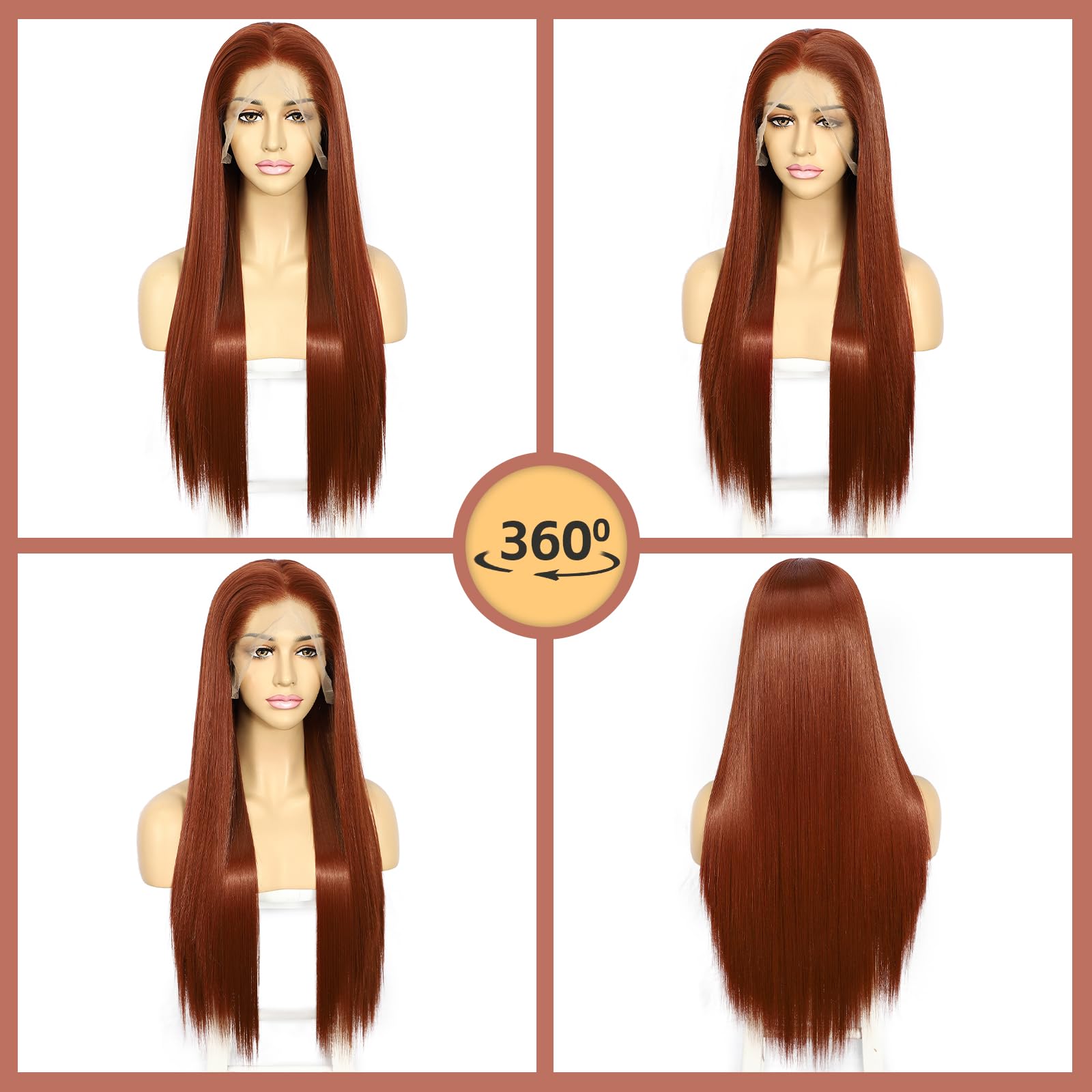Sapphirewigs Perruque longue et droite 13x6 en dentelle Perruque cuivre rouge pour femmes Cheveux synthétiques droits à 150% de densité Pour fêtes et usage quotidien Noël 66 cm