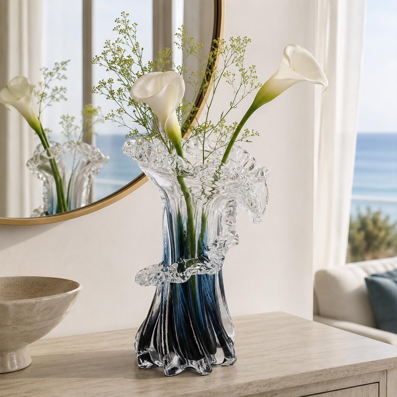Wellenvase, blau-weiß, klarer Farbverlauf, Meeresglasvase, Murano-Glasvase, einzigartige Glas-Blumenvase für Ozean-Thema, Küste, Zuhause, Mittelstück, modernes Büro, Eingangstisch