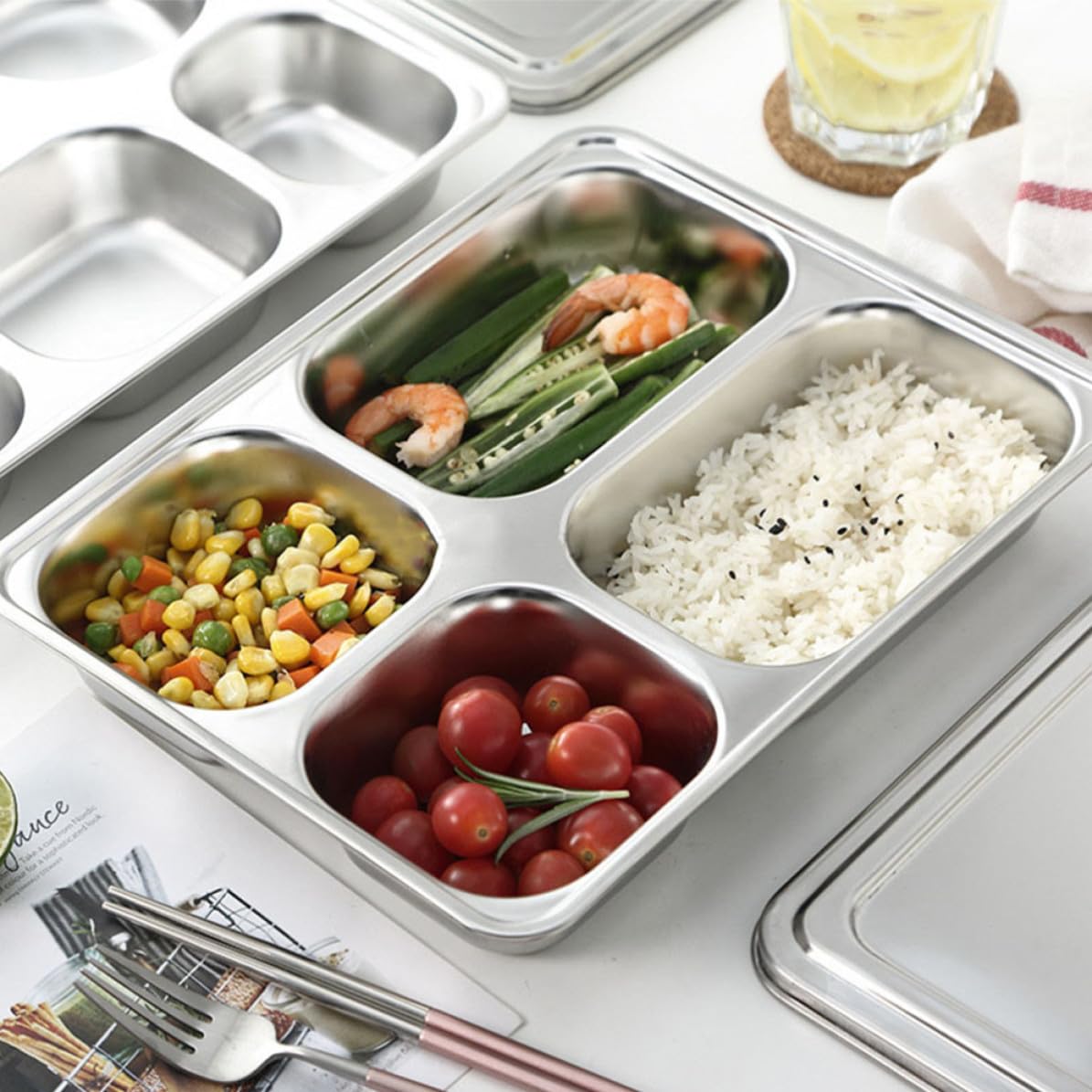 iplusmile Vassoio Pranzo Diviso in Acciaio Inox 2 Pezzi Argento