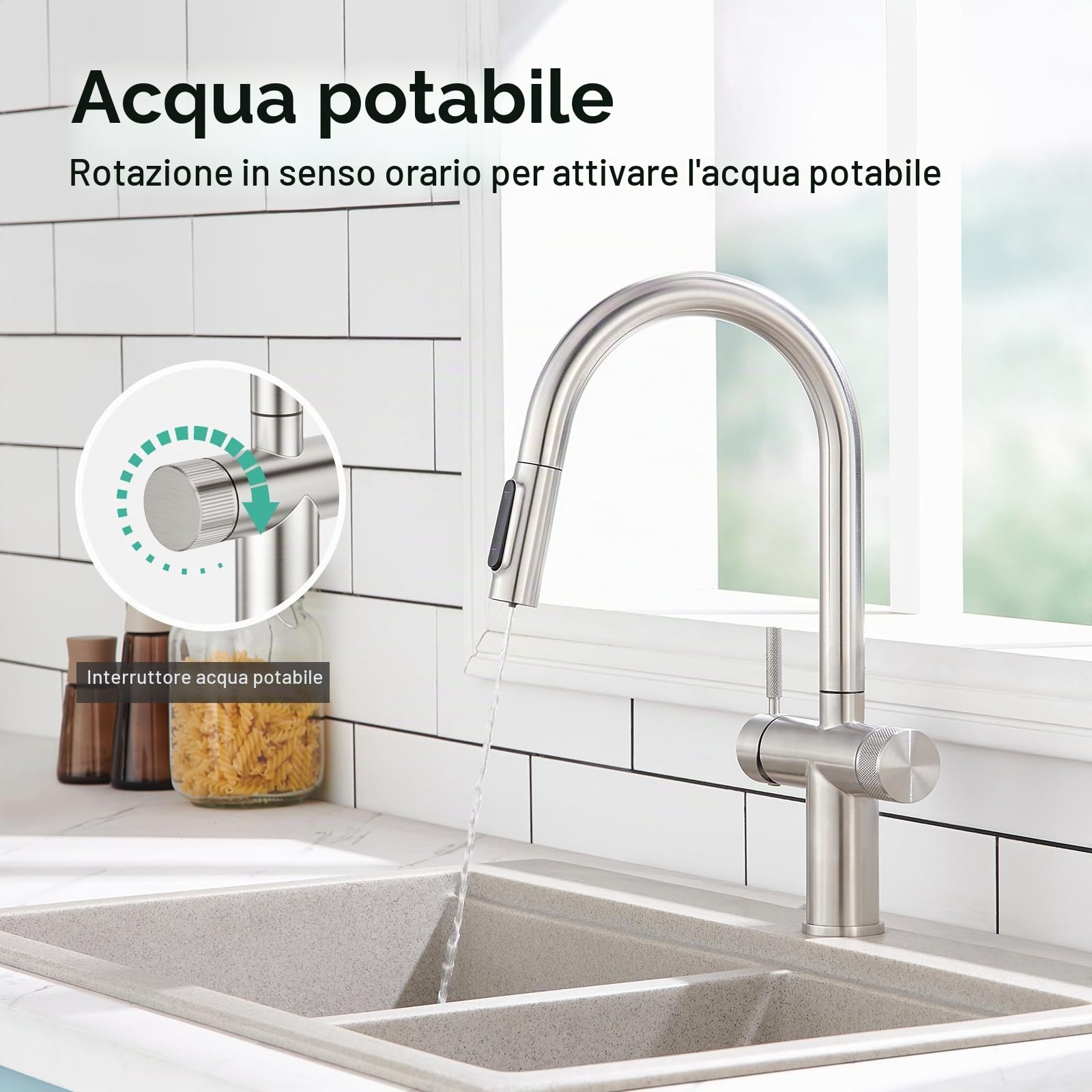 Faustina Rubinetto da Cucina a 3 vie con Doccetta estraibile, Rubinetto da Lavelli per Cucina a doppia leva 3 in 1 per filtro Dell'acqua Osmosi spazzolato