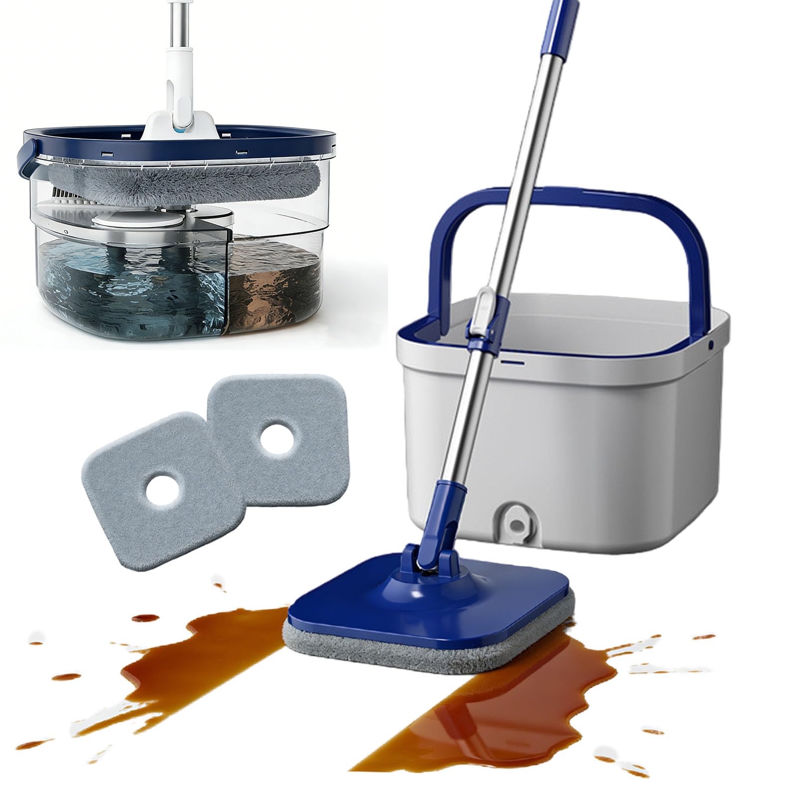 W&H Wischmopp Set mit Eimer,2-Kammer-System mit Auswringfunktion, Trennung von Frisch und Schmutzwasser,Bodenwischer mit 2 Mikrofaserbezügen für alle Bodenarten