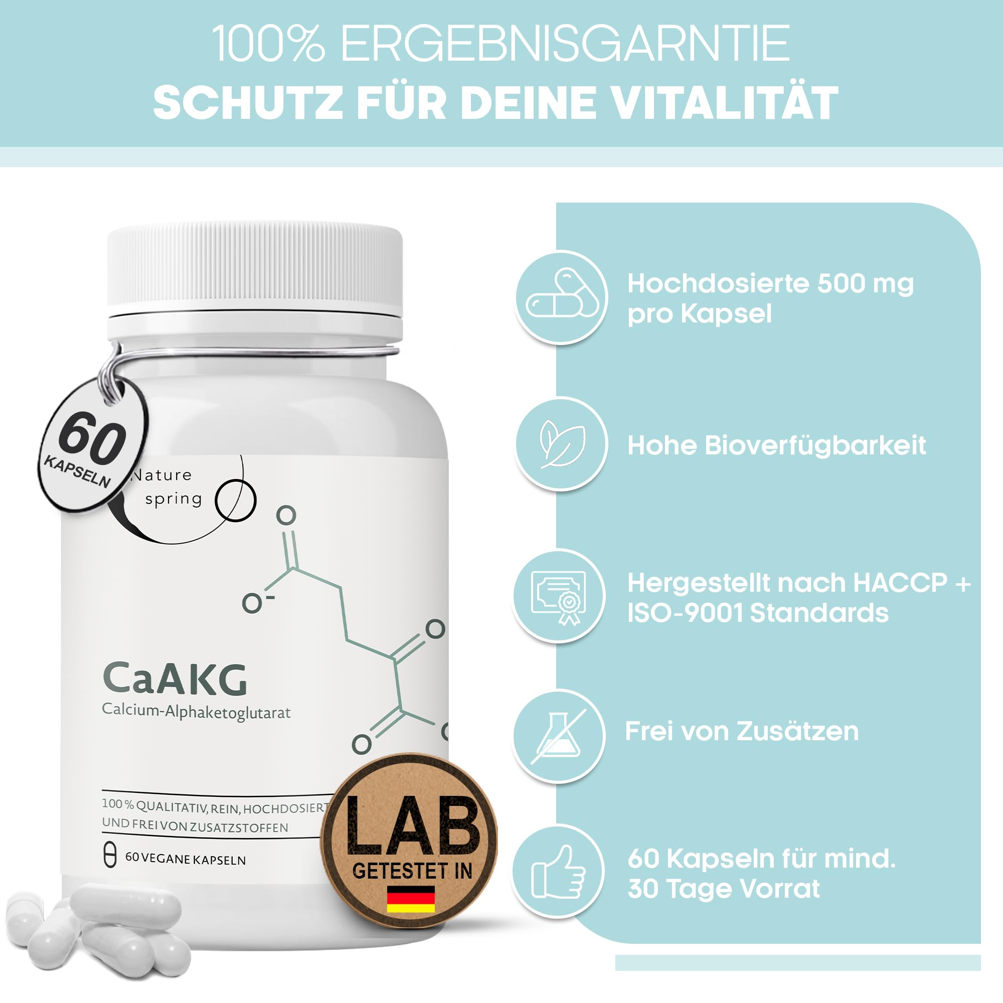 CaAKG | Calcium-Alphaketoglutarat | Laborgeprüft in DE | 60 Kapseln | hochdosiert | 1000 mg | CaAKG in bester Qualität ohne Zusatzstoffe