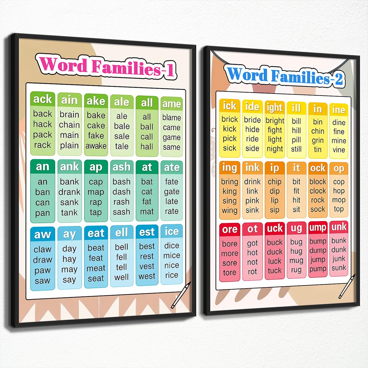 Anslipswar Set of 2 Word Families Posters Canvas, Educational Words Learning Charts for Toddlers 1-3, Kindergarten Nursery Classroom Learning Tools Educational Table for Kids 40x60cm Wrapped Canvas
