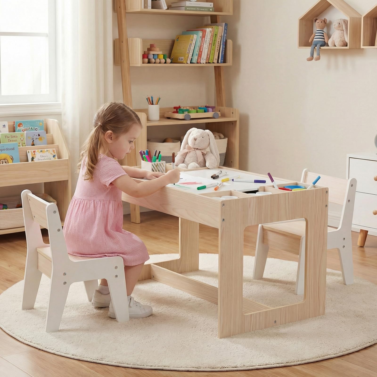 COSTWAY Table Enfant avec 2 Chaises et Plateau Réversible, Table Enfant avec Rangement et 6 Compartiments Latéraux, Tableau Noir et Blanc pour Jouer Dessiner, Bureau à Dessin pour 3 Ans+ (Naturel)