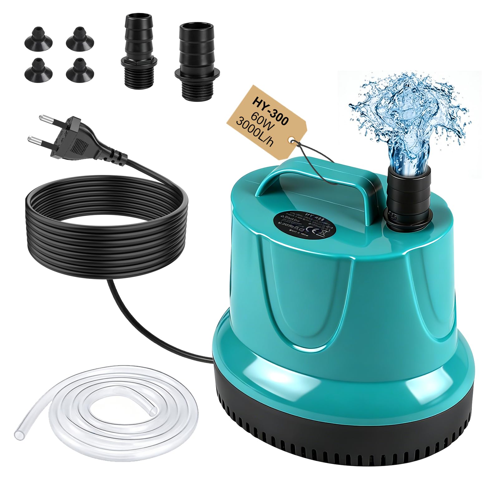 EXLECO Bomba de Agua Sumergible 60W 3000L/H, Mini Water Pump, Bombas de Achique para Aguas Sucias, Acuario, Estanque Jardín – Verde