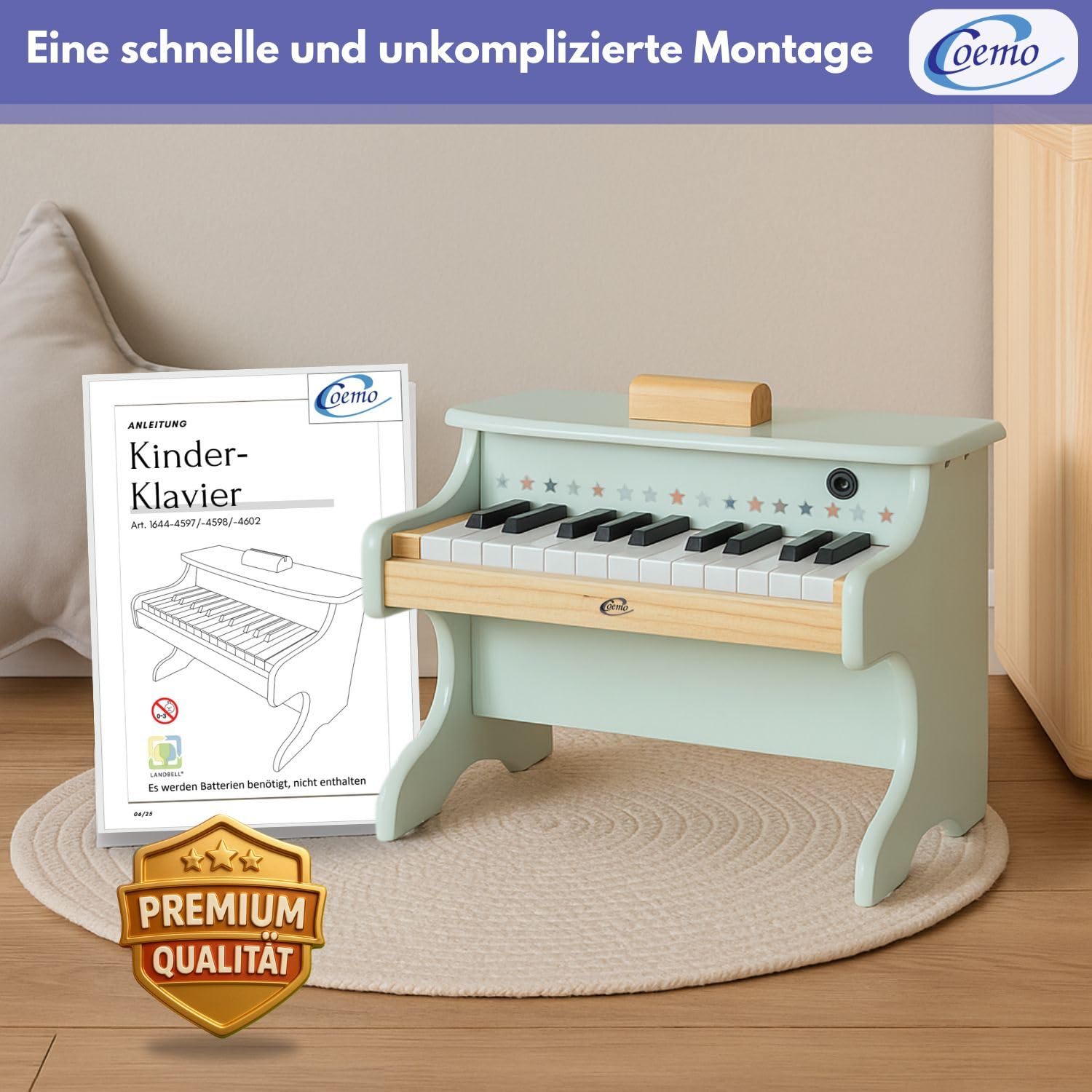 Coemo Kinder-Klavier, 42x25x29 cm, 25 Tasten Piano für Kinder, Mädchen | Musik Lerninstrument Spielzeug, Motorikspielzeug, Holzklavier für Kleinkinder, Jungen Klavier, Zwei Varianten, saubere Töne