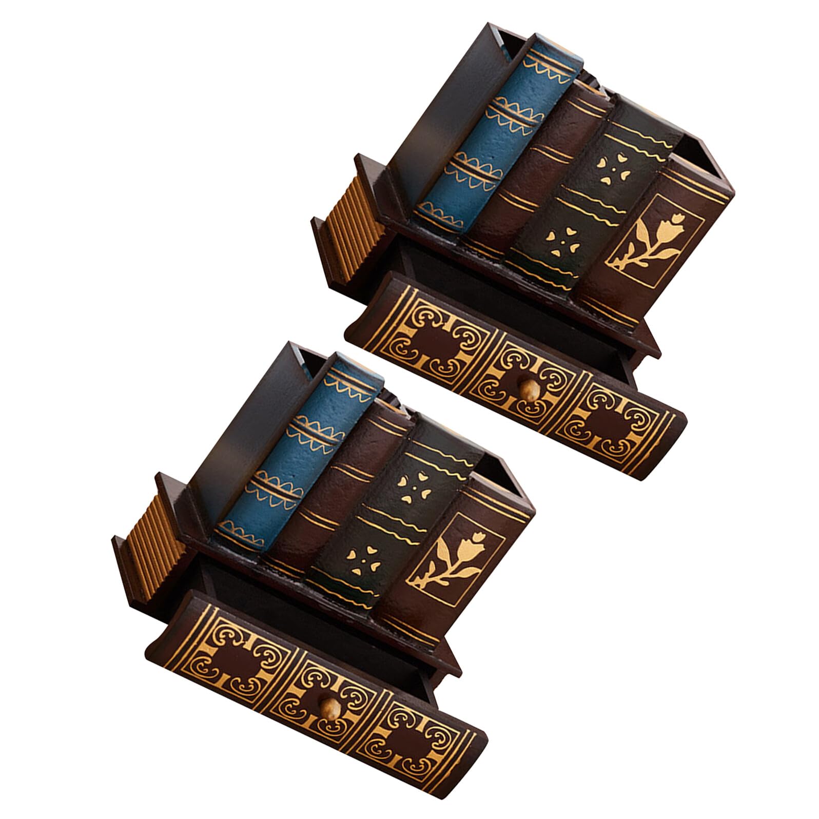 Organizer da Scrivania Elegante con Cassetto Stile Europeo in Legno Portapenne a Forma di Libro Falso Set 2 Pezzi per Ufficio e Spazio Lavoro Ordinato