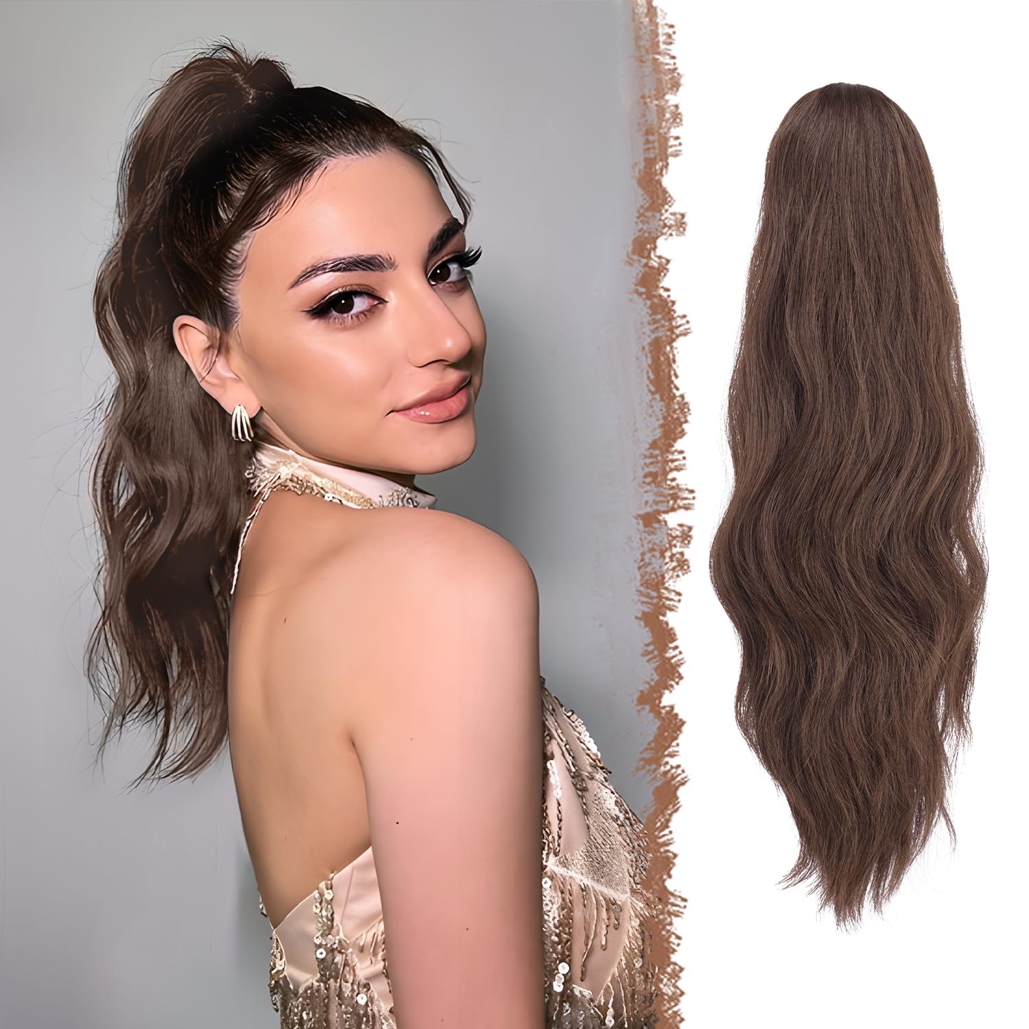 FESHFEN Gewellt Pferdeschwanz Haarteil mit Klammer, 50cm Pferdeschwanz Zopf Extensions Claw Clip in Wavy Ponytail Extension Synthetik Haarverlängerung für Frauen Damen, Schokoladen Braun