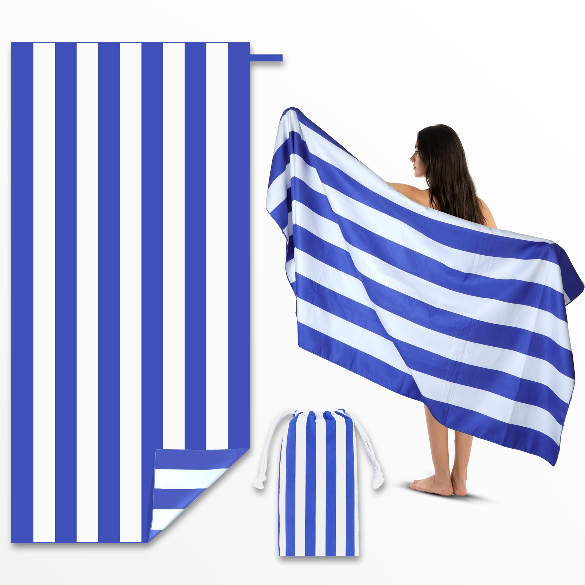Anavasi Microfibre Beach Towels for Adults - 1 Pack 180 x 90 cm with Drawstring Bag, Quick Dry, Lightweight, Sand Free, Extra Large 100% Recycled for The Beach (Stripe Dark Blue) โ image 1