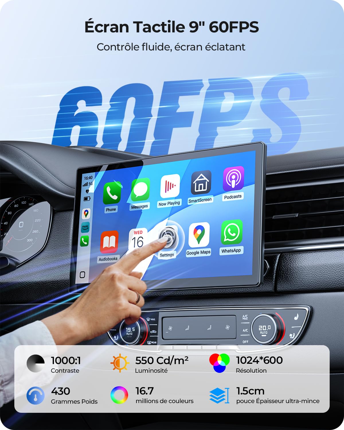 Écran Portable 9'' pour Apple CarPlay & Android Auto, Affichage HD 1024*600, Support Magnétique, Mises à jour OTA, Modes Portrait et Paysage, Caméra de Recul, Bluetooth, Contrôle Vocal, Navigat