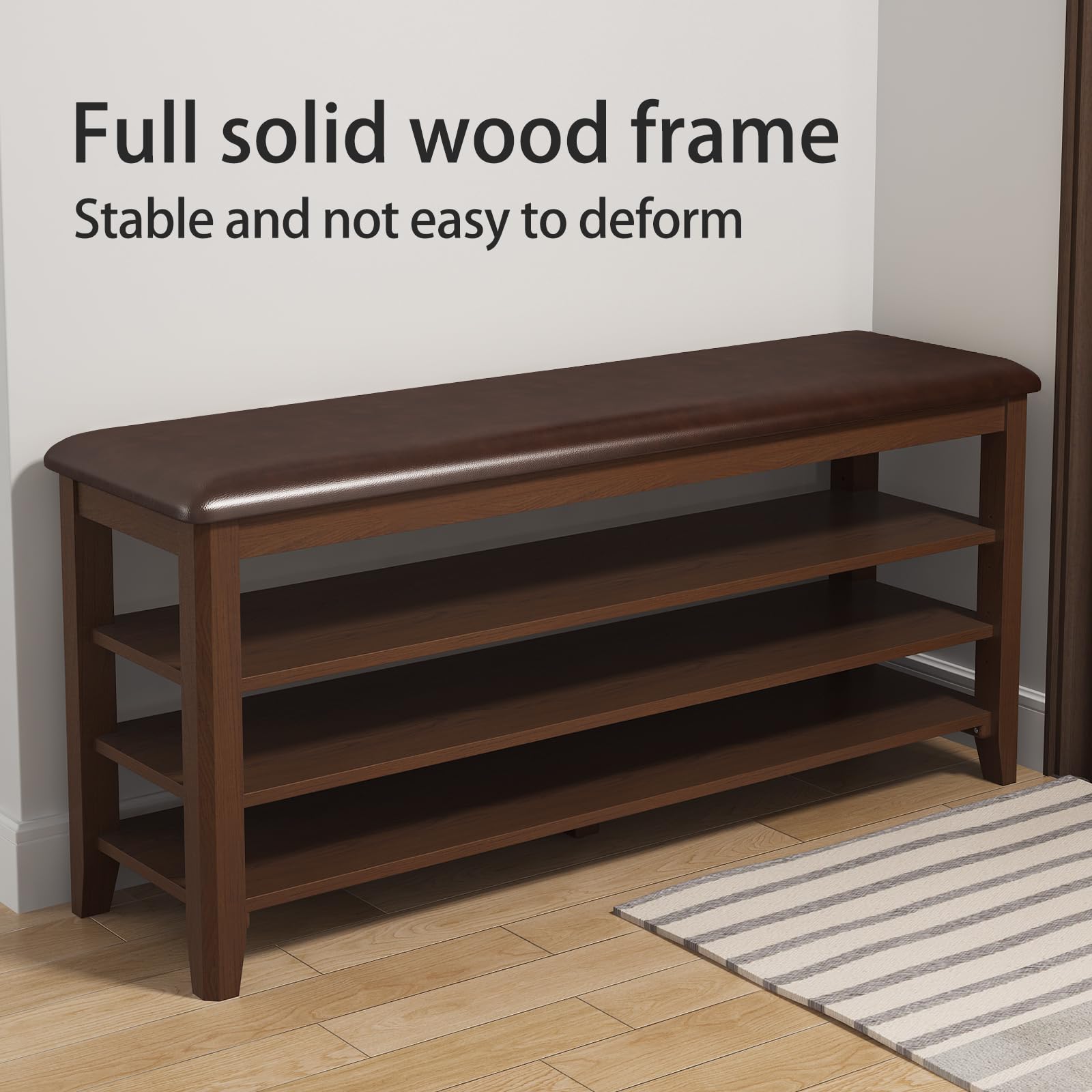 Wood Shoe Bench with Cushion,3 Tier Shoe Rack Bench Height Adjustable,Walnut Entryway Bench for Hallway, Mudroom1