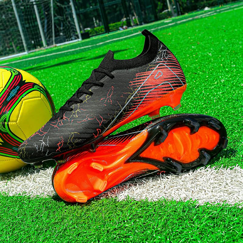 Professional Soccer Cleats, High Performance Athletic Football Boots, Black Orange Design, Knit Material, Lightning Pattern4