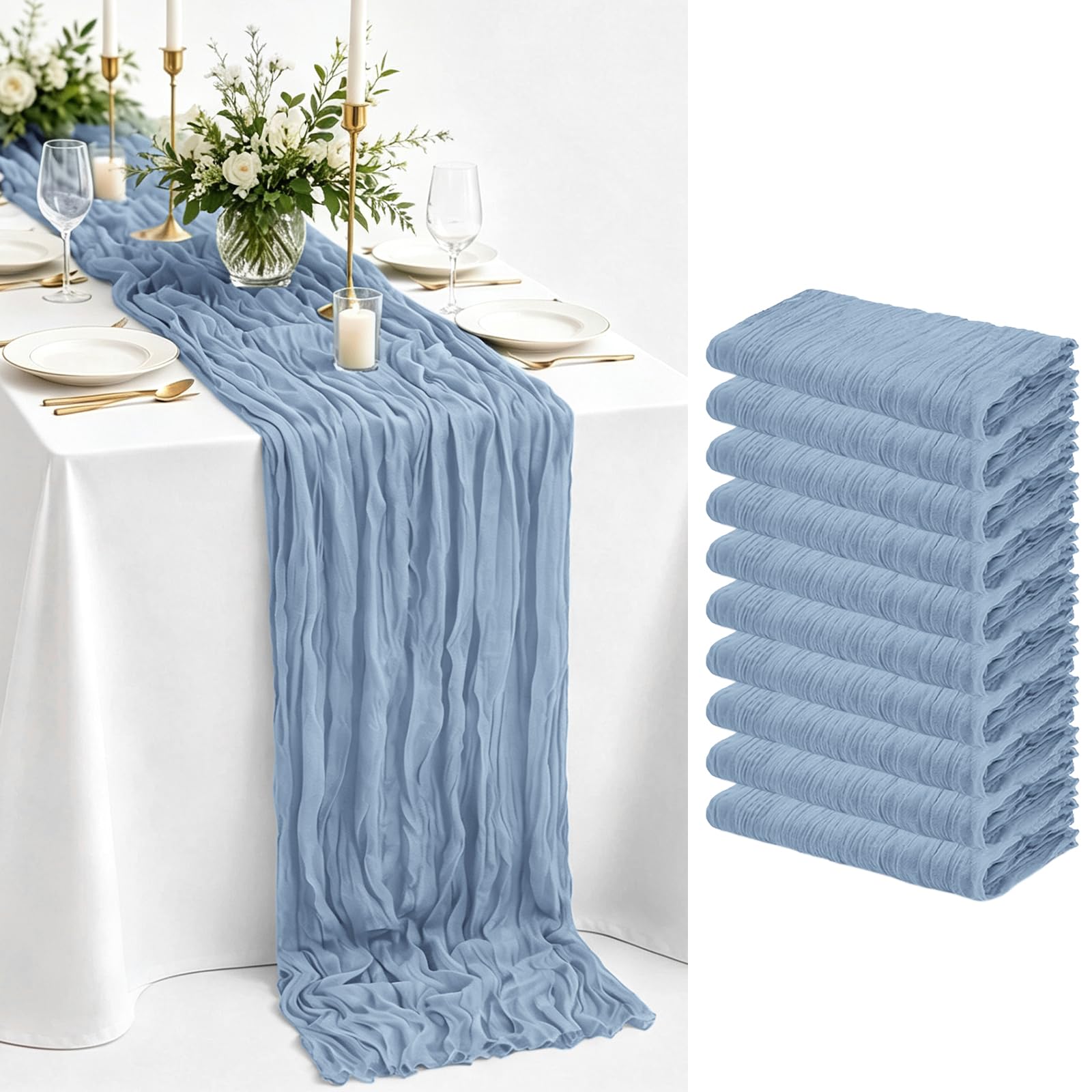 View 1 of 10 Pack Dusty Blue Cheesecloth Table Runner, 17x108 Inch 9FT Soft Gauze Wedding Table Runners for Baby Shower, Bridal Shower, Birthday Party, Graduation, Rustic Boho Table Decorations