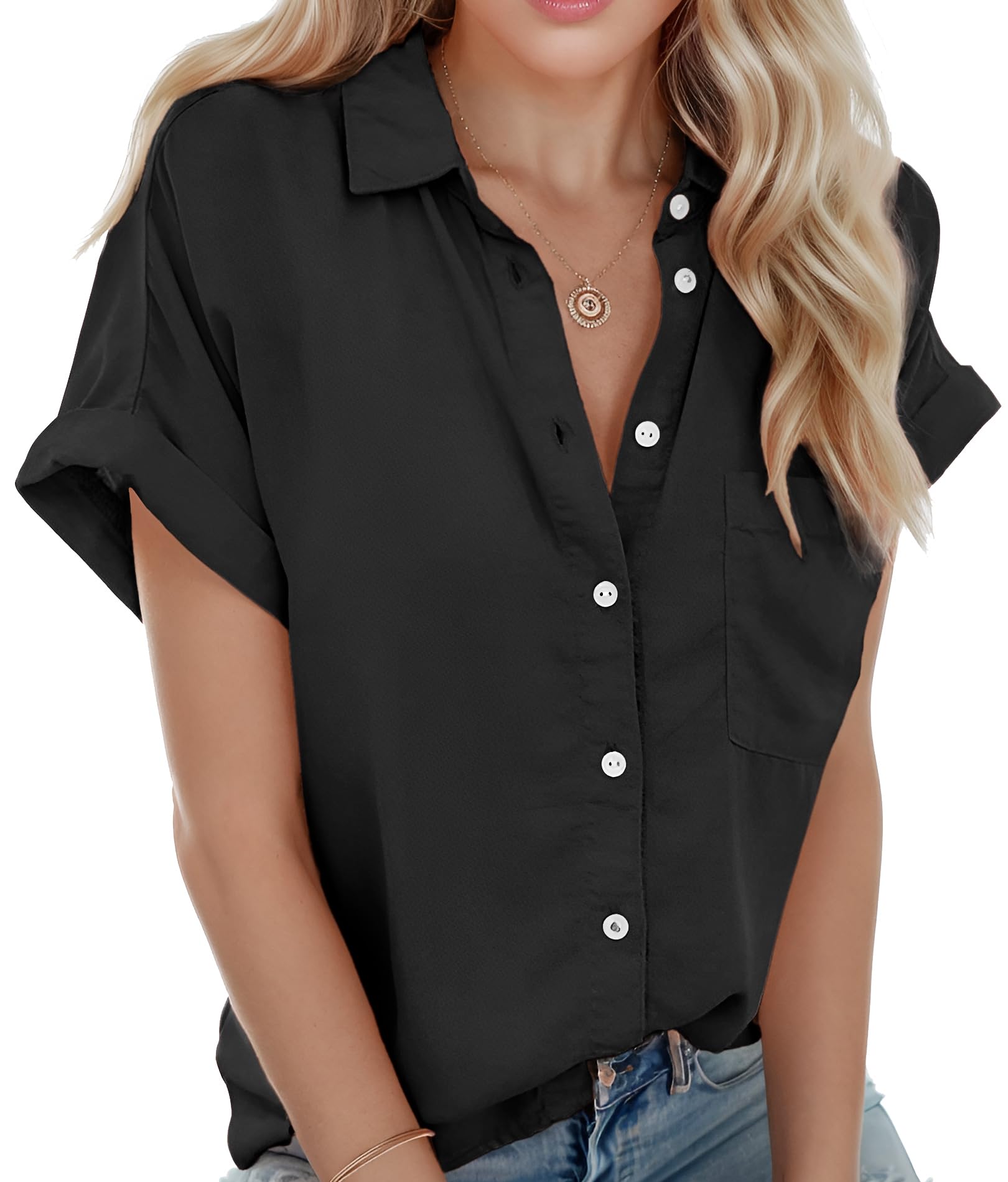 Teepie Women Short Sleeve Shirts V Neck Button Down Summer Tops Collared Work Blouses with Pockets