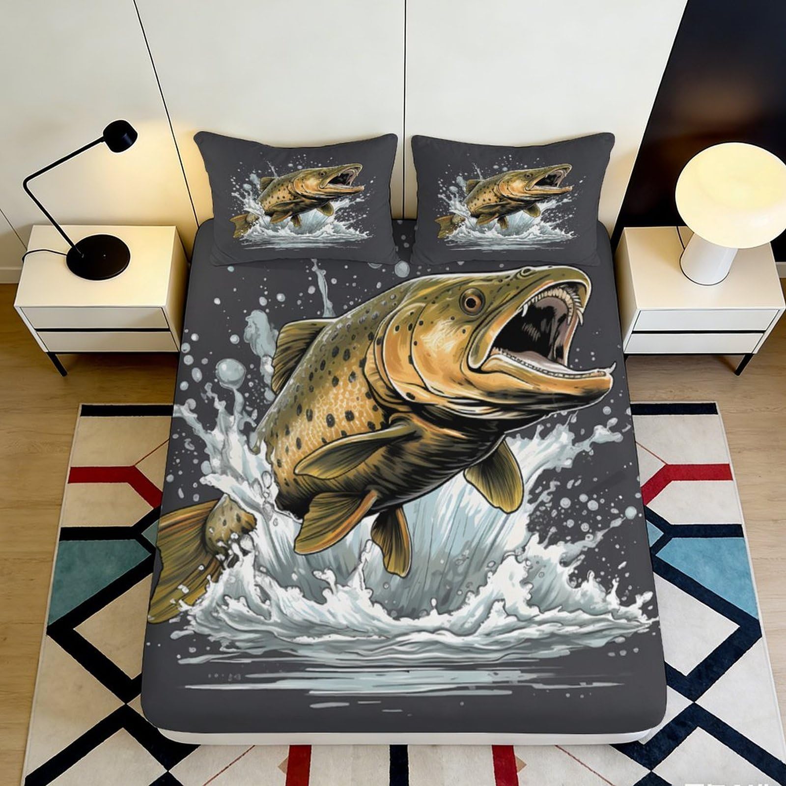 3D Printed Jumping Brown Trout Fitted Sheet Microfiber Soft Bed Sheet Splashing Fish Theme Bedroom Decor 90x200x25cm
