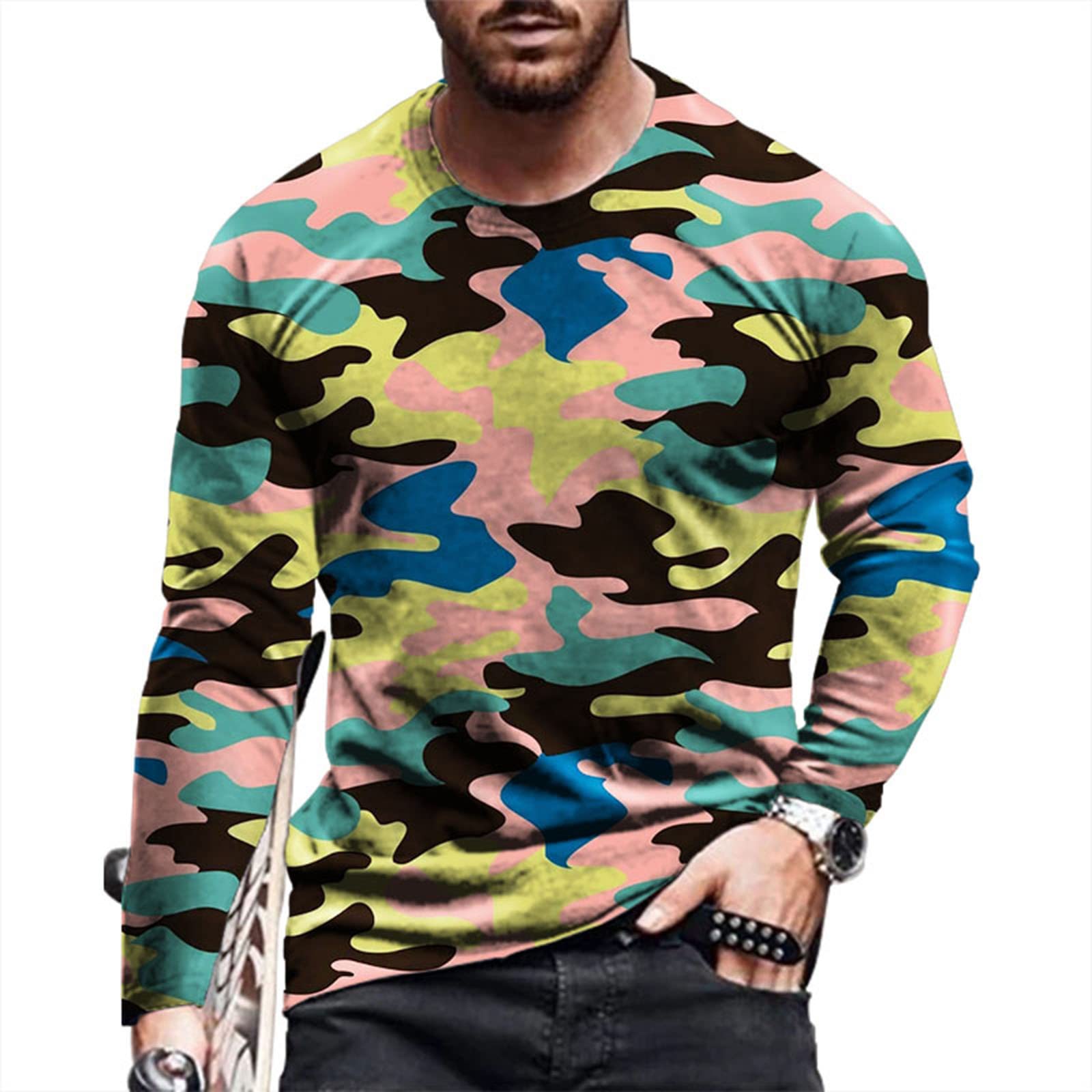 Mens Shirts Long Sleeve Casual Stylish Camouflage Print Workout Crewneck Sweatshirts Loose Fit Camo Pullover Tees