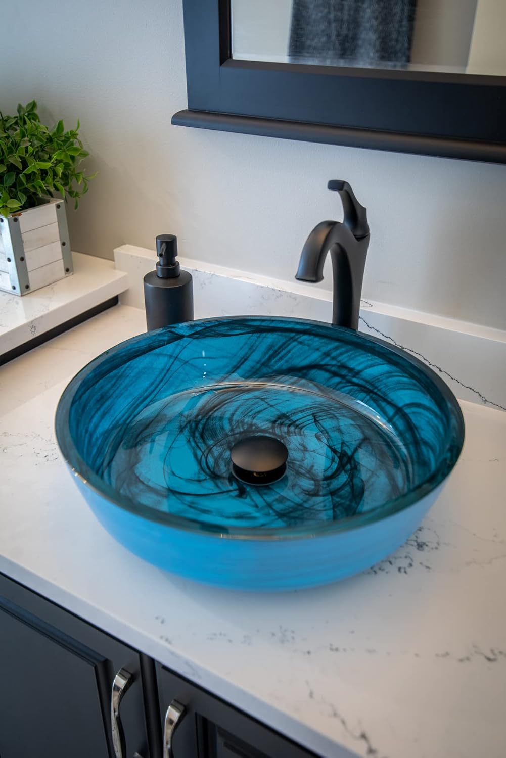 Eden Bath Blue Mist Flat Bottomed Round Glass Sink Bowl Bathroom Vessel Sink for Vanity Top