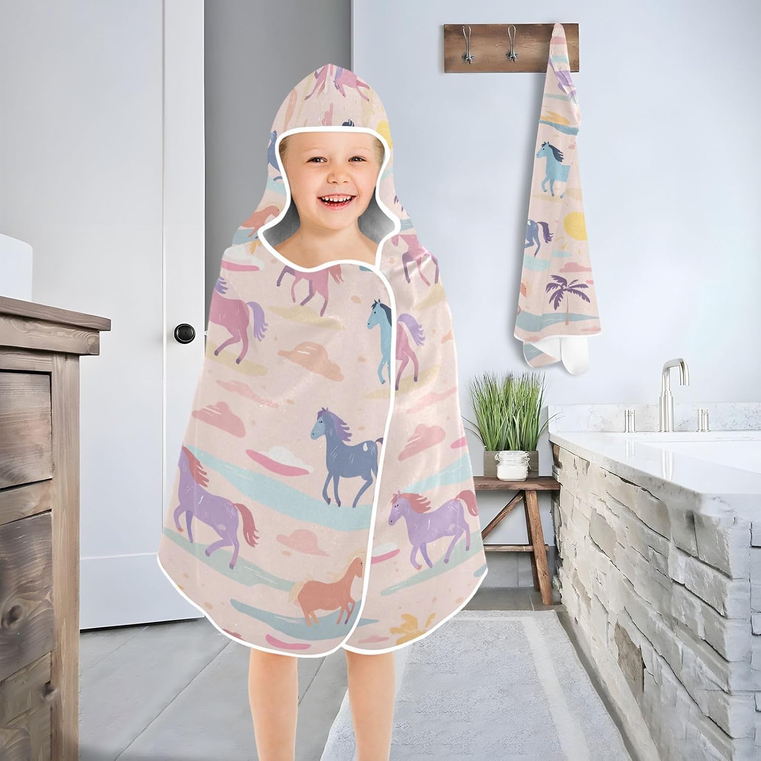 Kids Bath Towels with Hood Funny Beach Horse Pink Bathrobe Absorbent