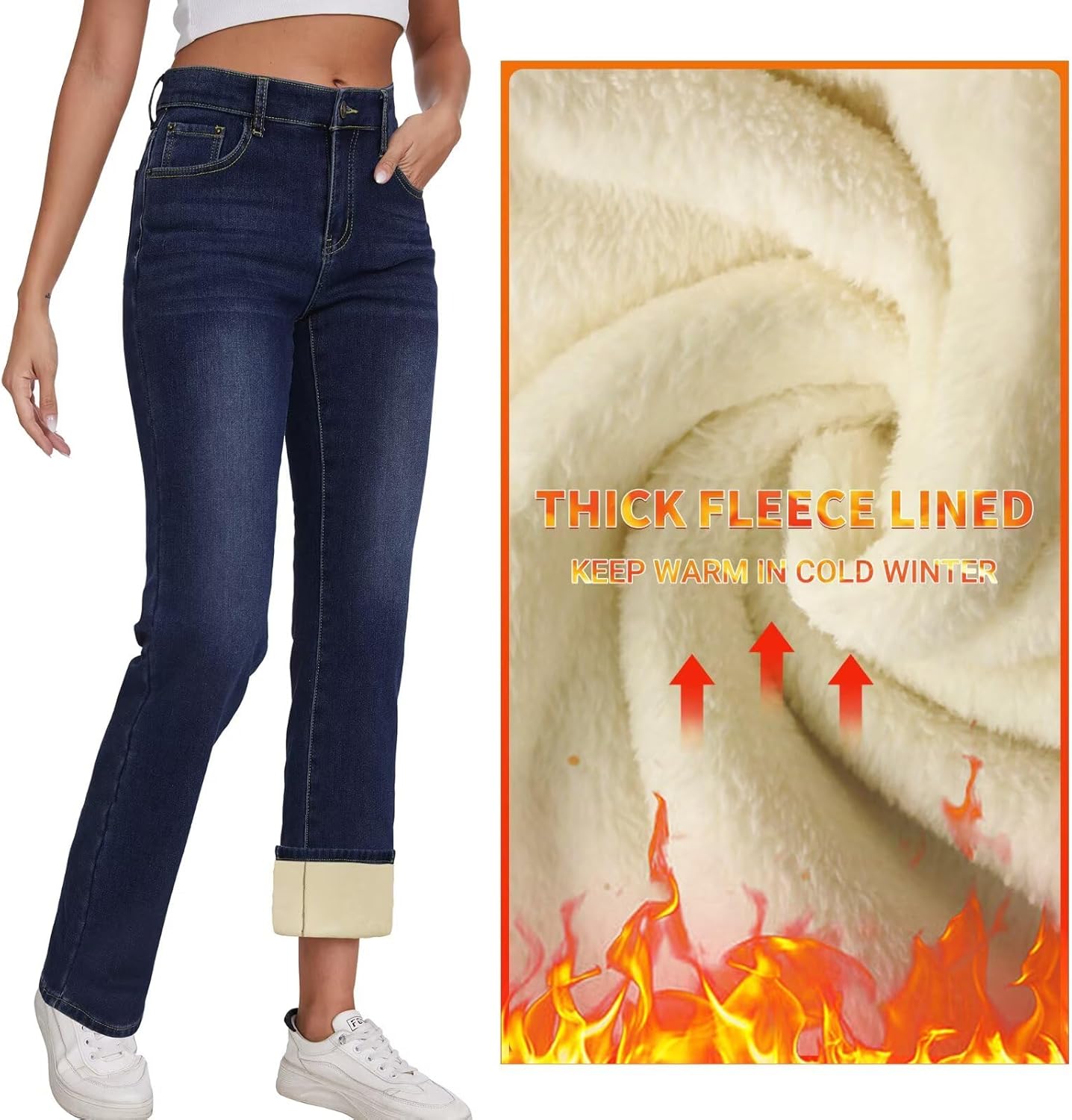 KDF Women's Fleece Lined Jeans Women High Waisted Straight Leg Jeans Winter Fleece Lined Jean Pants - Image 3