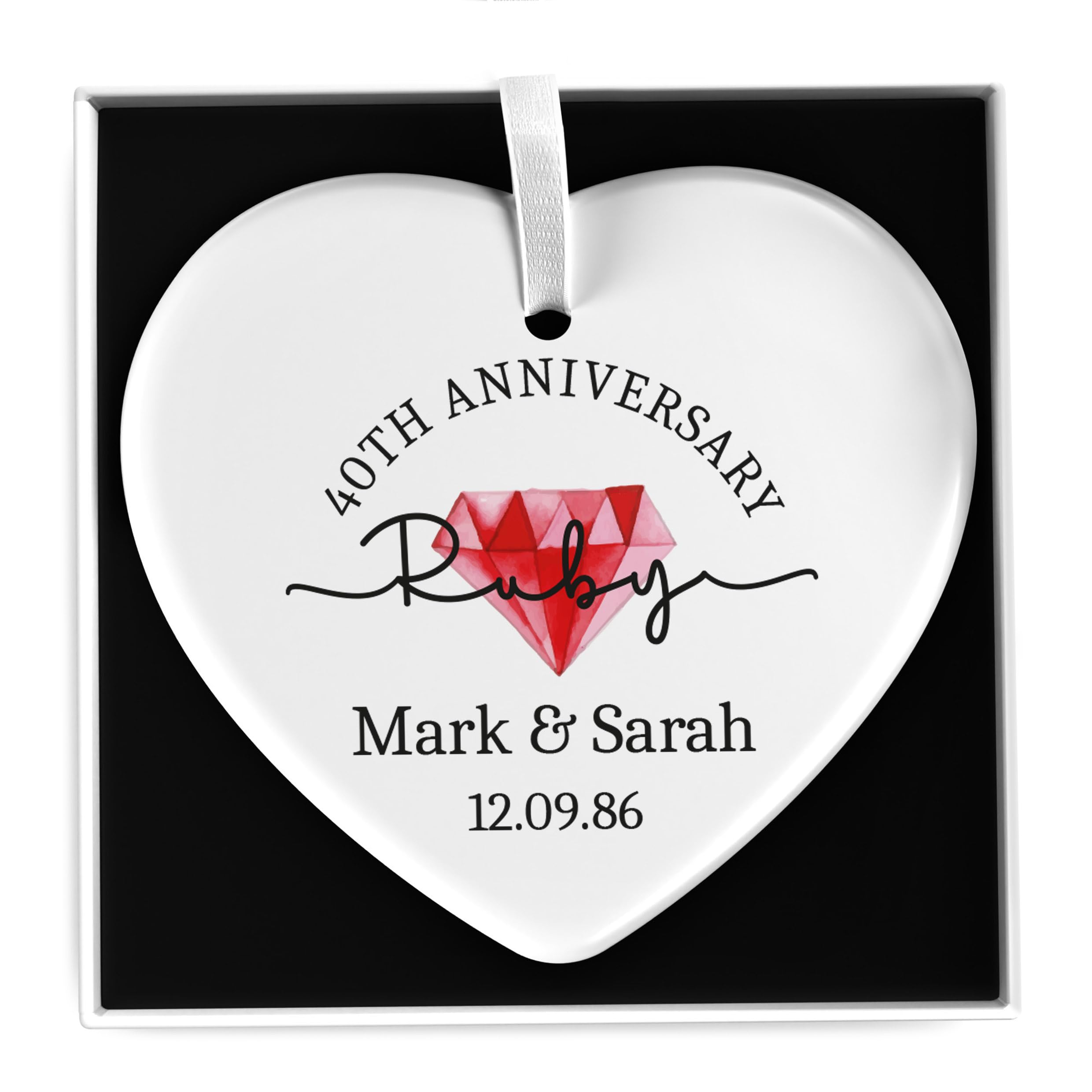 Beecreative 40th Anniversary Plaque Gift - Ceramic Heart or Circle Ornament - Personalised Ruby Anniversary Presents For Parents - With Gift Box