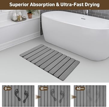 Stone Bath Mat for Bathroom, Quick-Dry Diatomaceous Earth Stone Drying Mat for Bathroom, Foldable Non-Slip Rubber Base, Shower Mat Outside Shower, Easy to Store, Easy to Clean (Gray 2416 & 8x4)