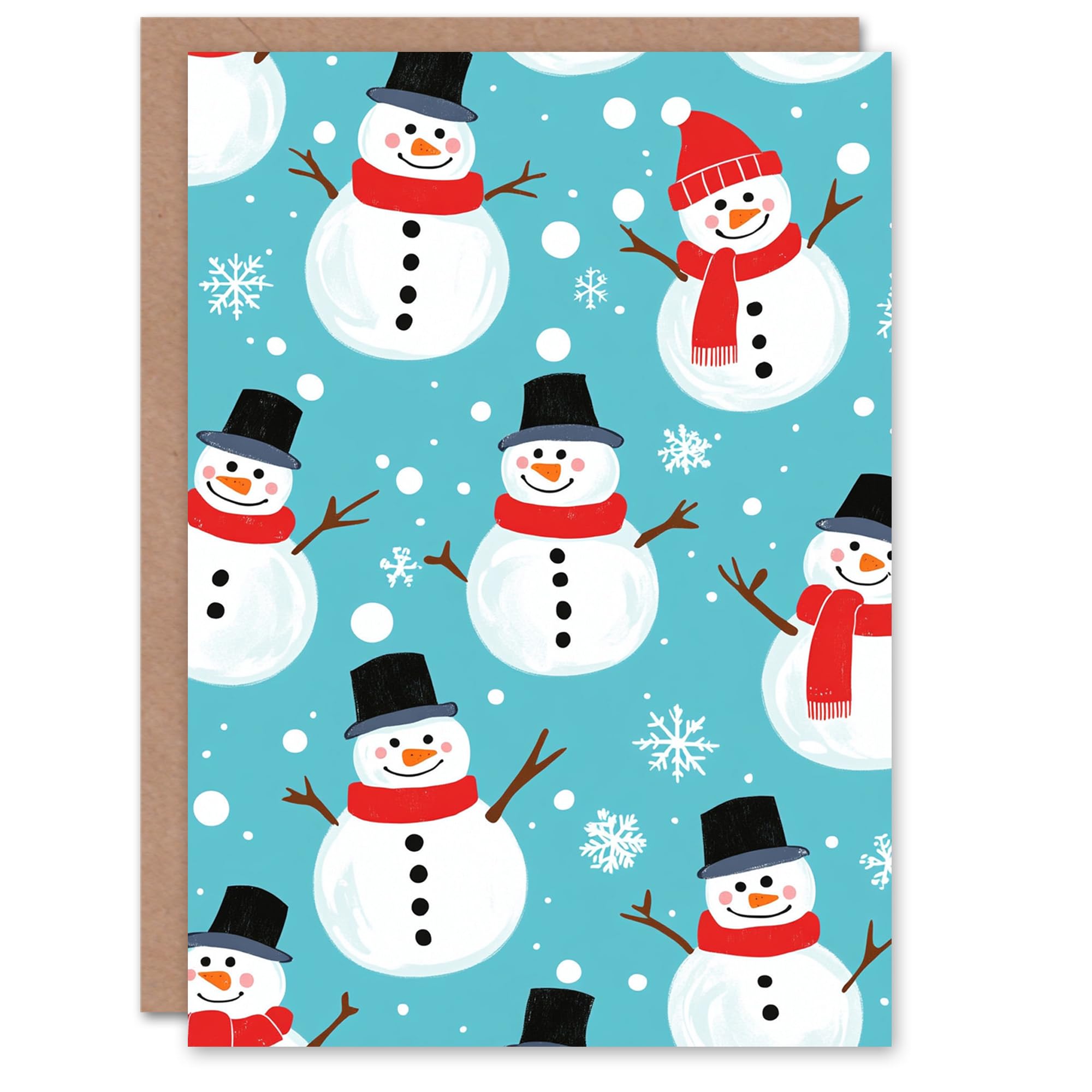 Artery8 Cute Snowman and Snowflake Pattern Blue Blank For Him Or Her Art Xmas Festive Christmas Card