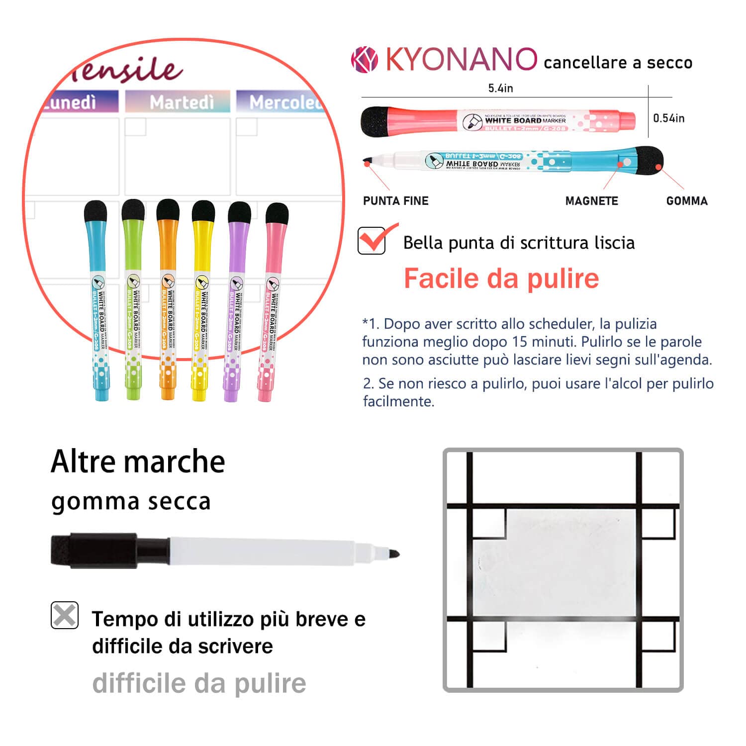 KYONANO Lavagna Calendario Magnetica frigo, incluso Pianificazione la Settimanale&Mensile+Lista delle cose da fare+tracciatore di abitudini, Lavagna Bianca Calendario cancellabile 4 Set - in Italiano