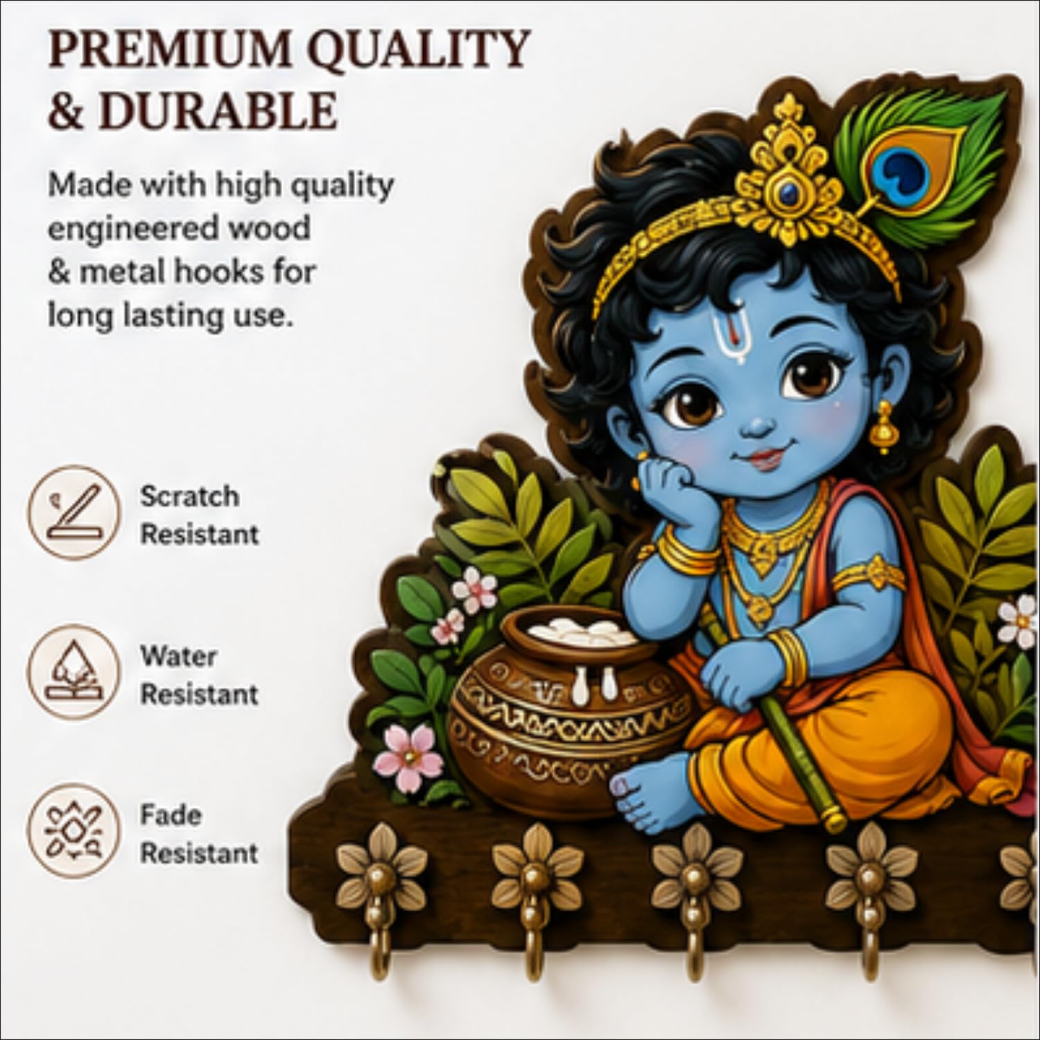 Krishna Key Holder - Handmade Wooden Wall Decor -4