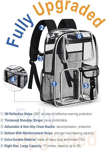 Miniatura 2 de Mochila transparente resistente para la escuela, bolsa transparente grande de 17 pulgadas para niños, niñas, mujeres, hombres, 360 3M tiras