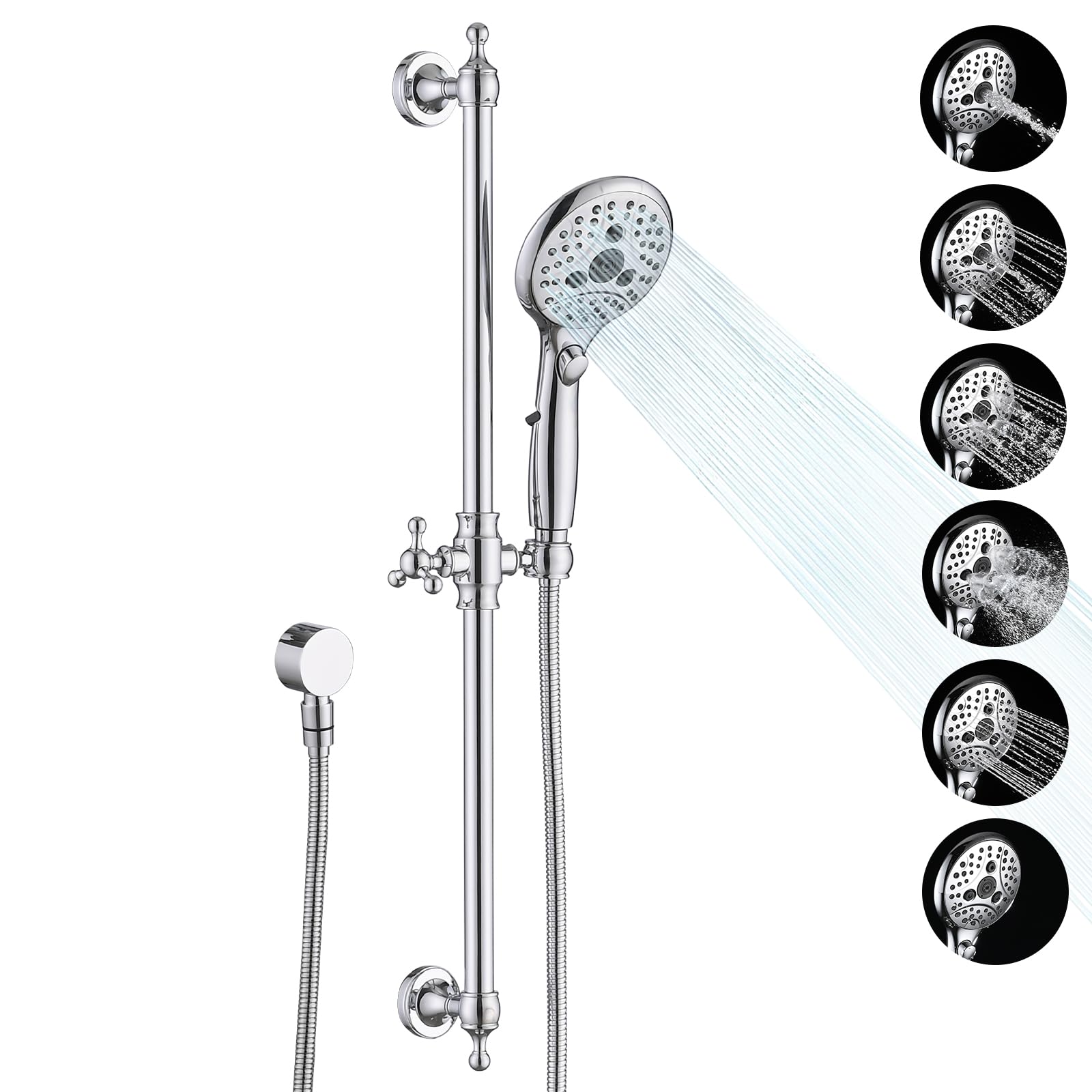 Cabezal de ducha de mano con barra deslizante, 6 ajustes de ducha de mano con interruptor de pausa de encendido/apagado, barra deslizante de altura ajustable de 27.5 pulgadas de largo, codo de