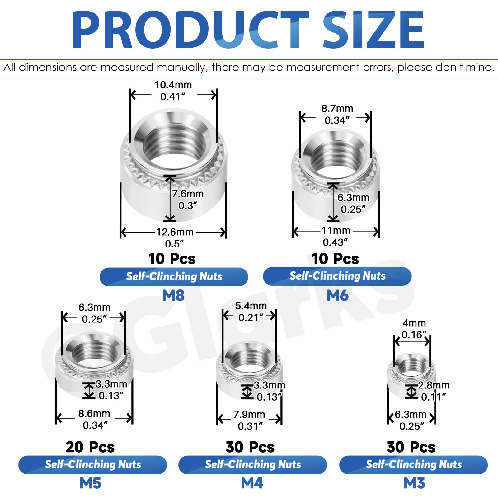 Glarks 100pcs M3 M4 M5 M6 M8 Self Clinching Nuts Kit, 304 Stainless Steel Round Head Rivet Nut - Image 2