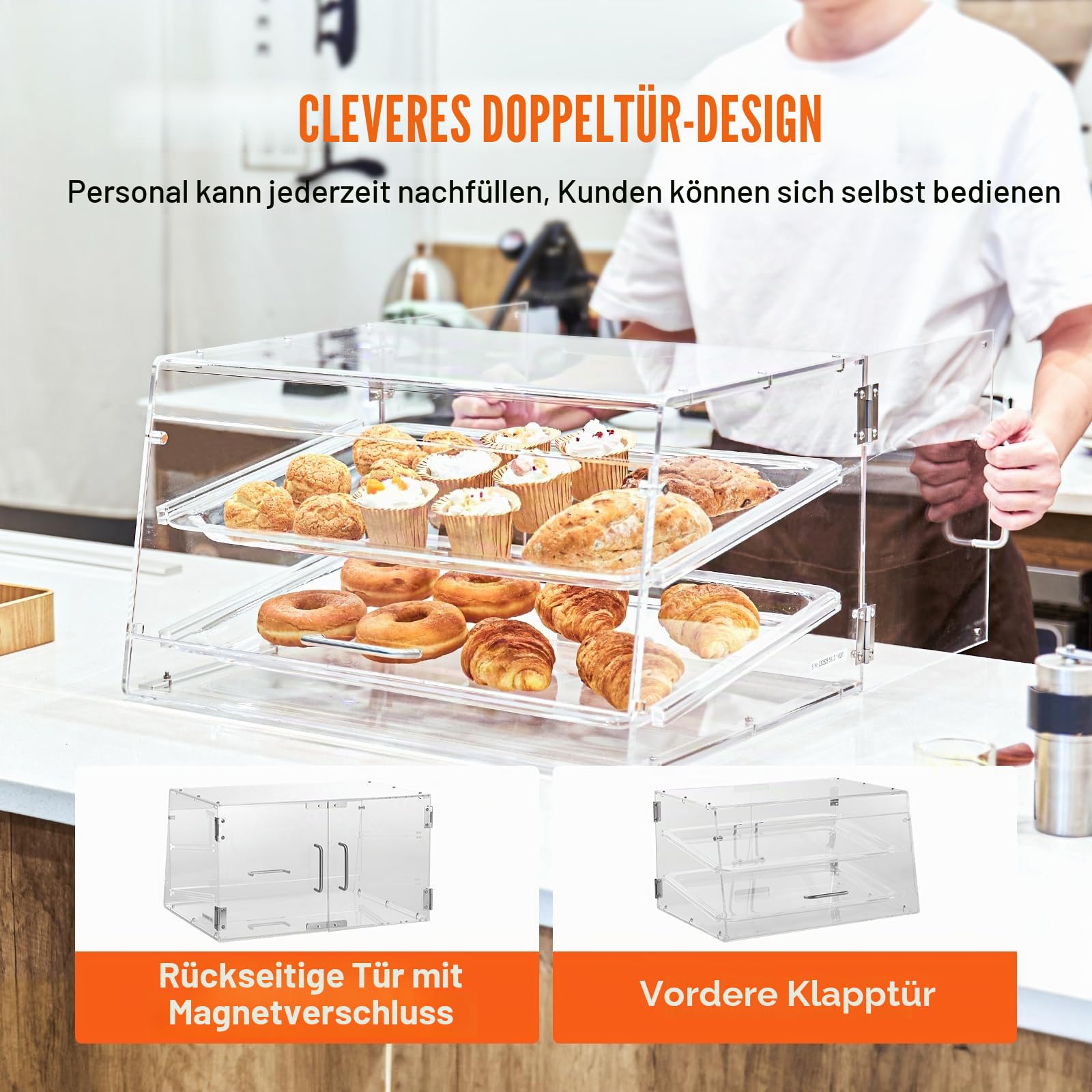 VEVOR 2-stöckige Gebäck-Vitrine, Kommerzielle Tabletts 510 x 350 x 35 mm, Bäckerei-Vitrine, Acryl-Vitrine mit Zugang zur Hintertür und abnehmbaren Regalen, für Donut-Bagels, Kuchen, Kekse usw.