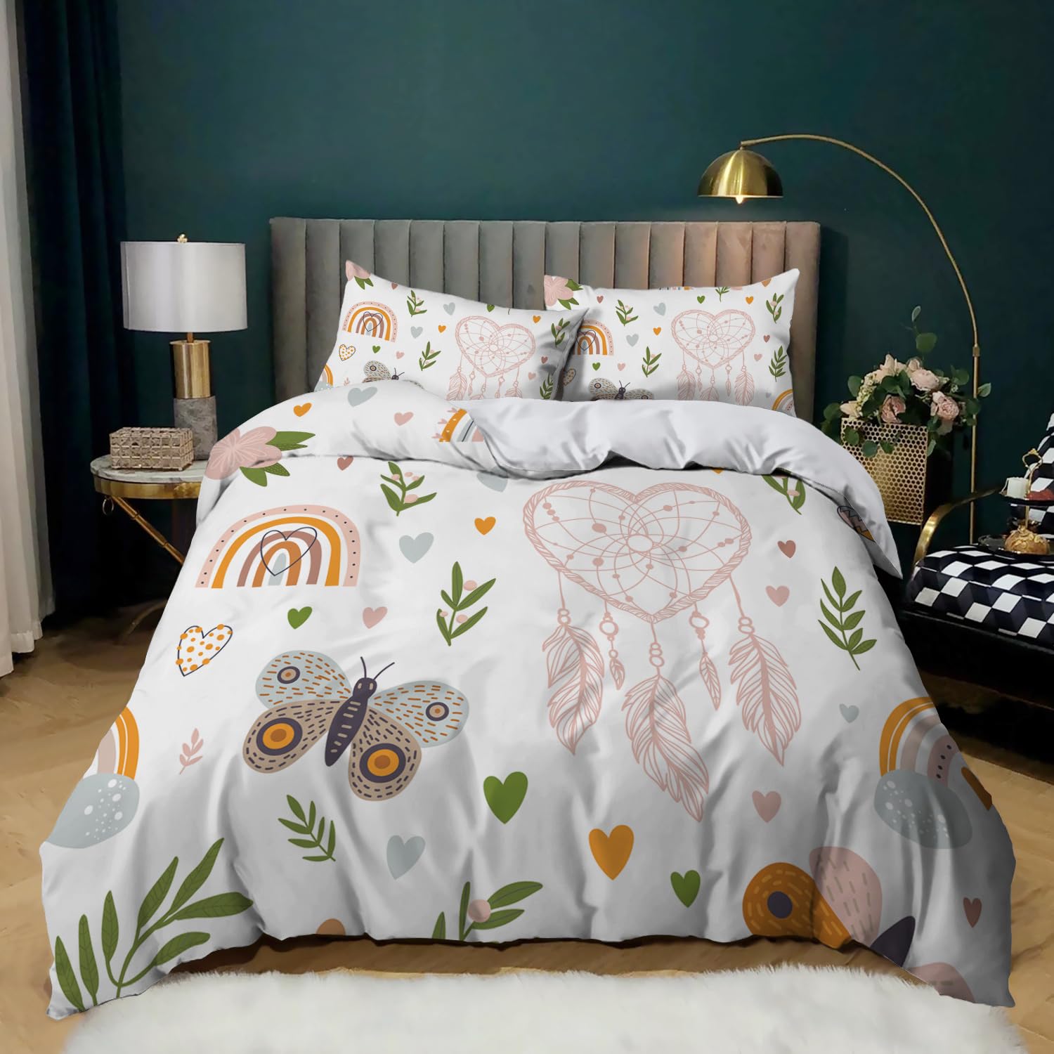 Single Duvet Cover Butterfly Rainbow Leaves Duvet Cover Sets 150X200,Bedding Microfiber with Hidden Zipper Duvet Cover - Includes Pillow Cases 2 Pack(50X75Cm),Bedding Set