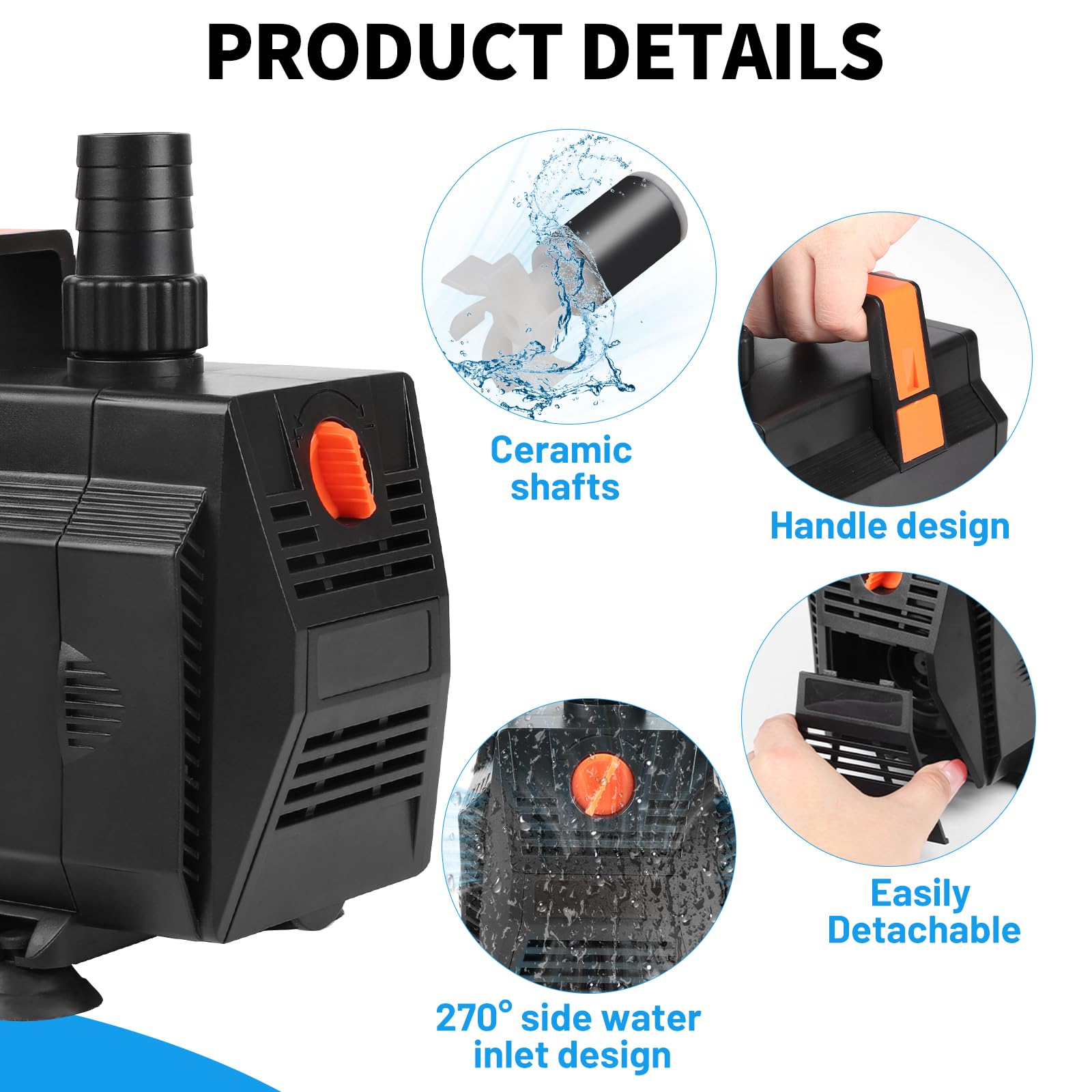 SWAWIS Pompa Acquario Pompa Laghetto 60W 3500L/H Anfibia Portata Regolabile con Filtro e 3 Ugelli per Acquari, Laghetti, Fontane